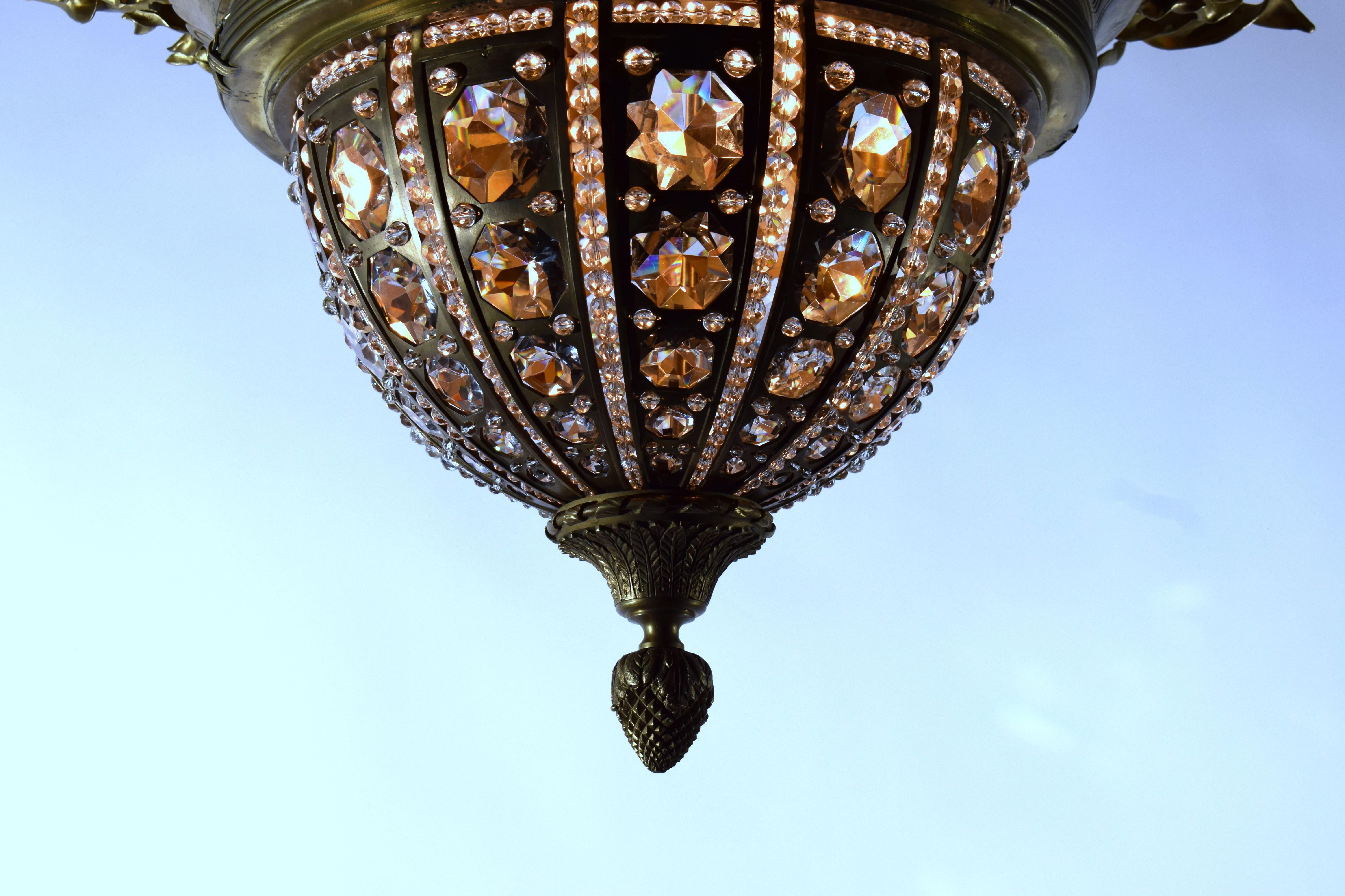 An Exquisite Gilt Bronze & Crystal Pendant/Plafonnier by Charles Blanc For Sale 8