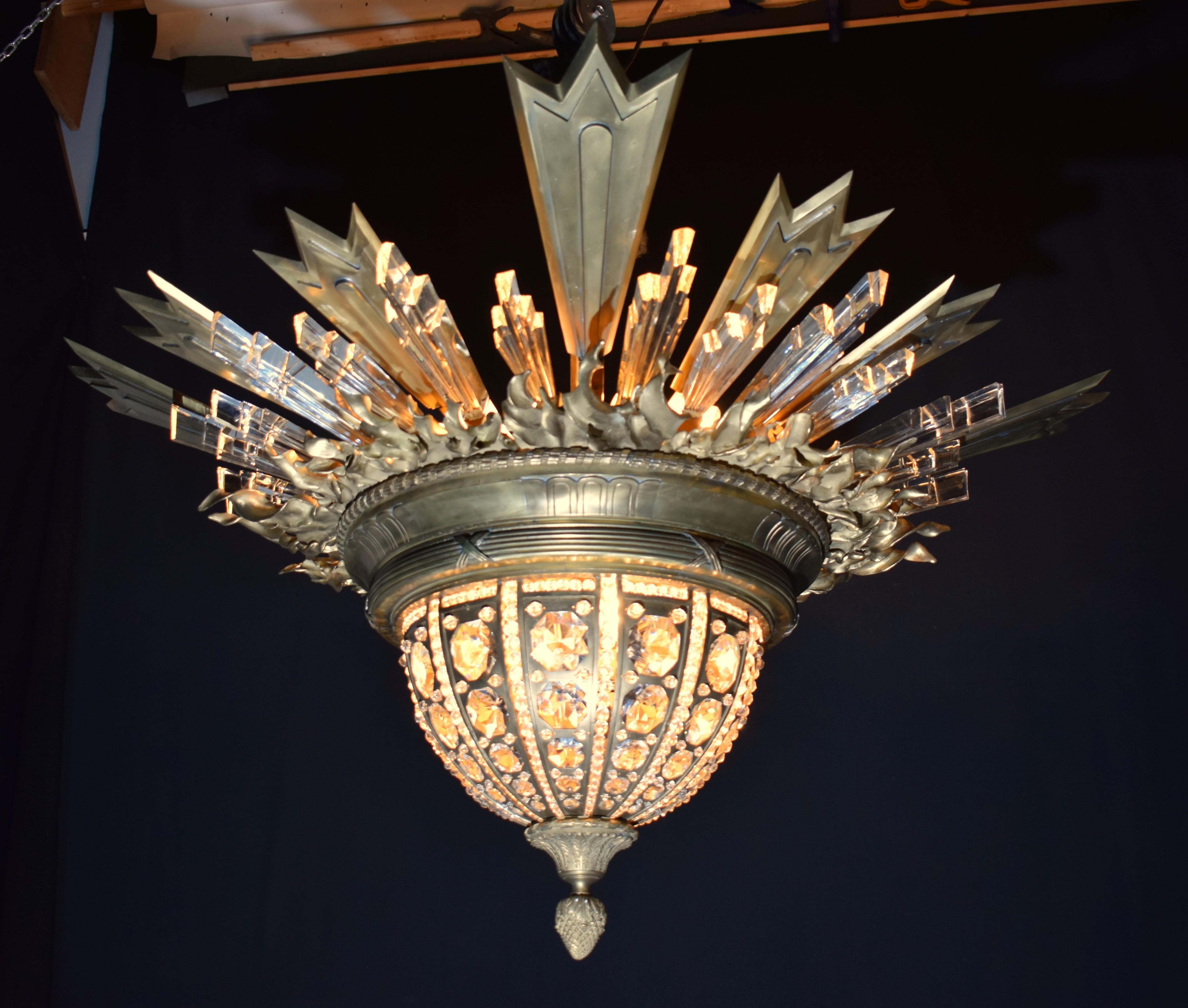 French An Exquisite Gilt Bronze & Crystal Pendant/Plafonnier by Charles Blanc For Sale