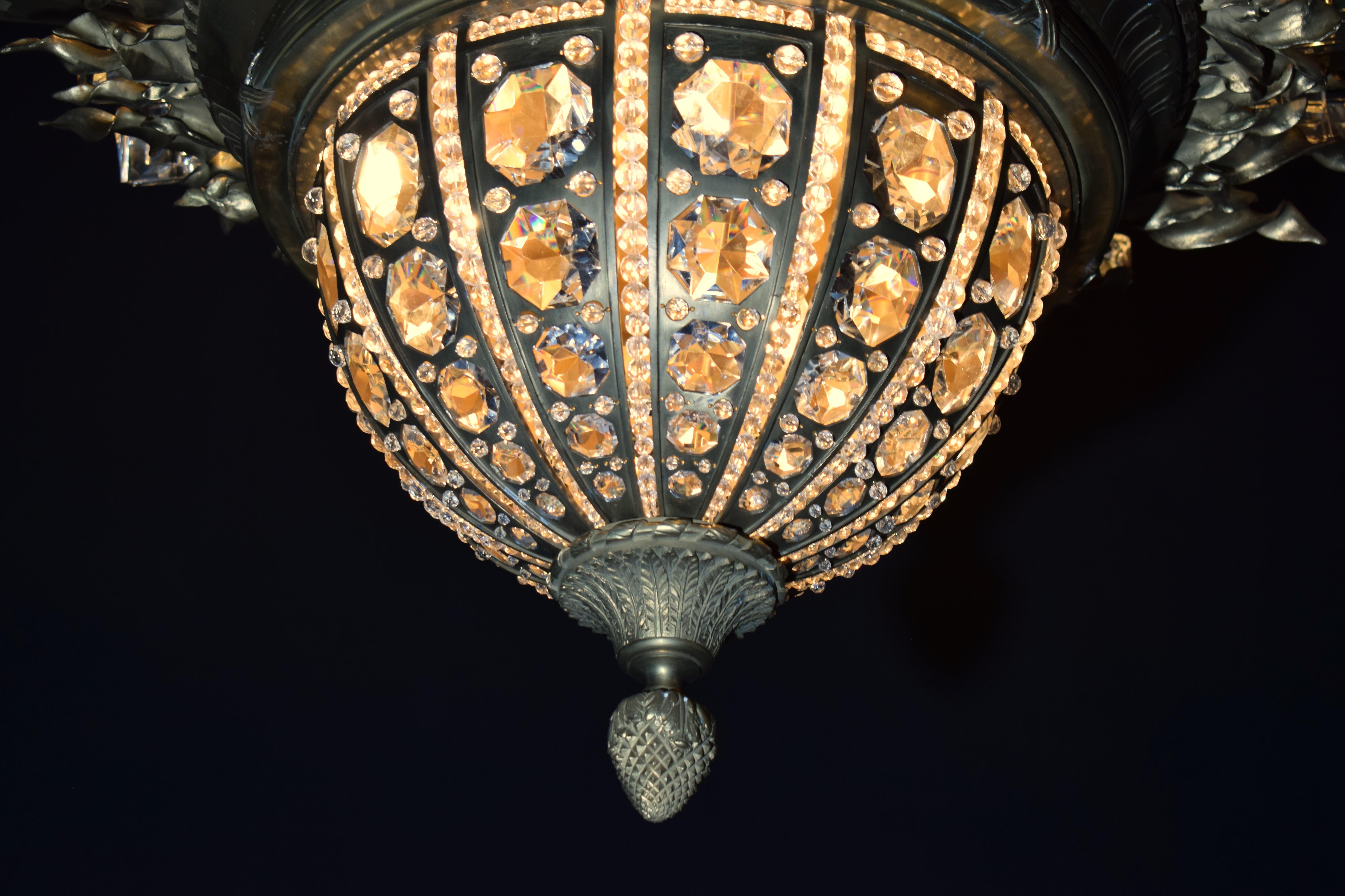 An Exquisite Gilt Bronze & Crystal Pendant/Plafonnier by Charles Blanc In Good Condition For Sale In Atlanta, GA