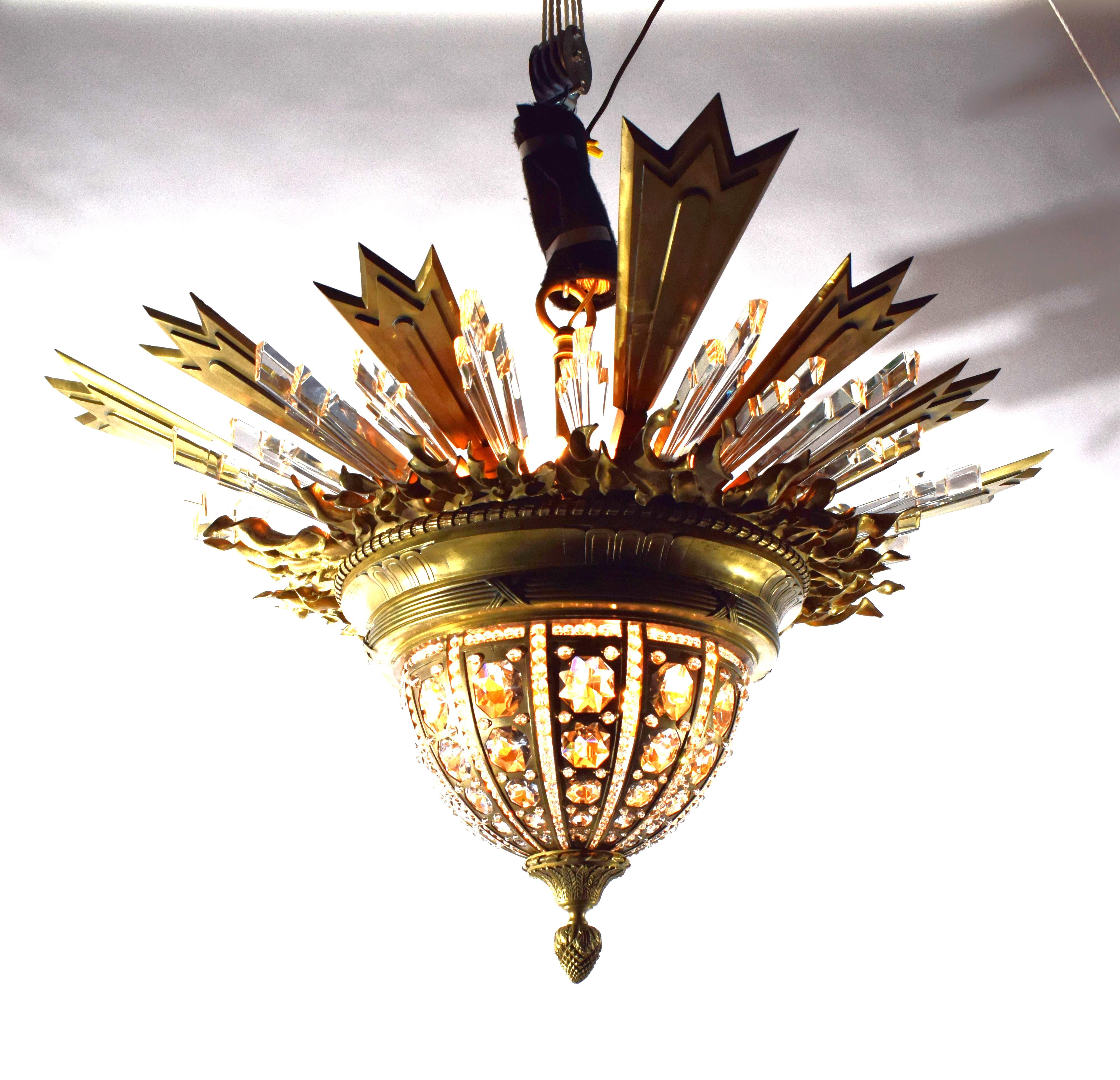 Early 20th Century An Exquisite Gilt Bronze & Crystal Pendant/Plafonnier by Charles Blanc For Sale
