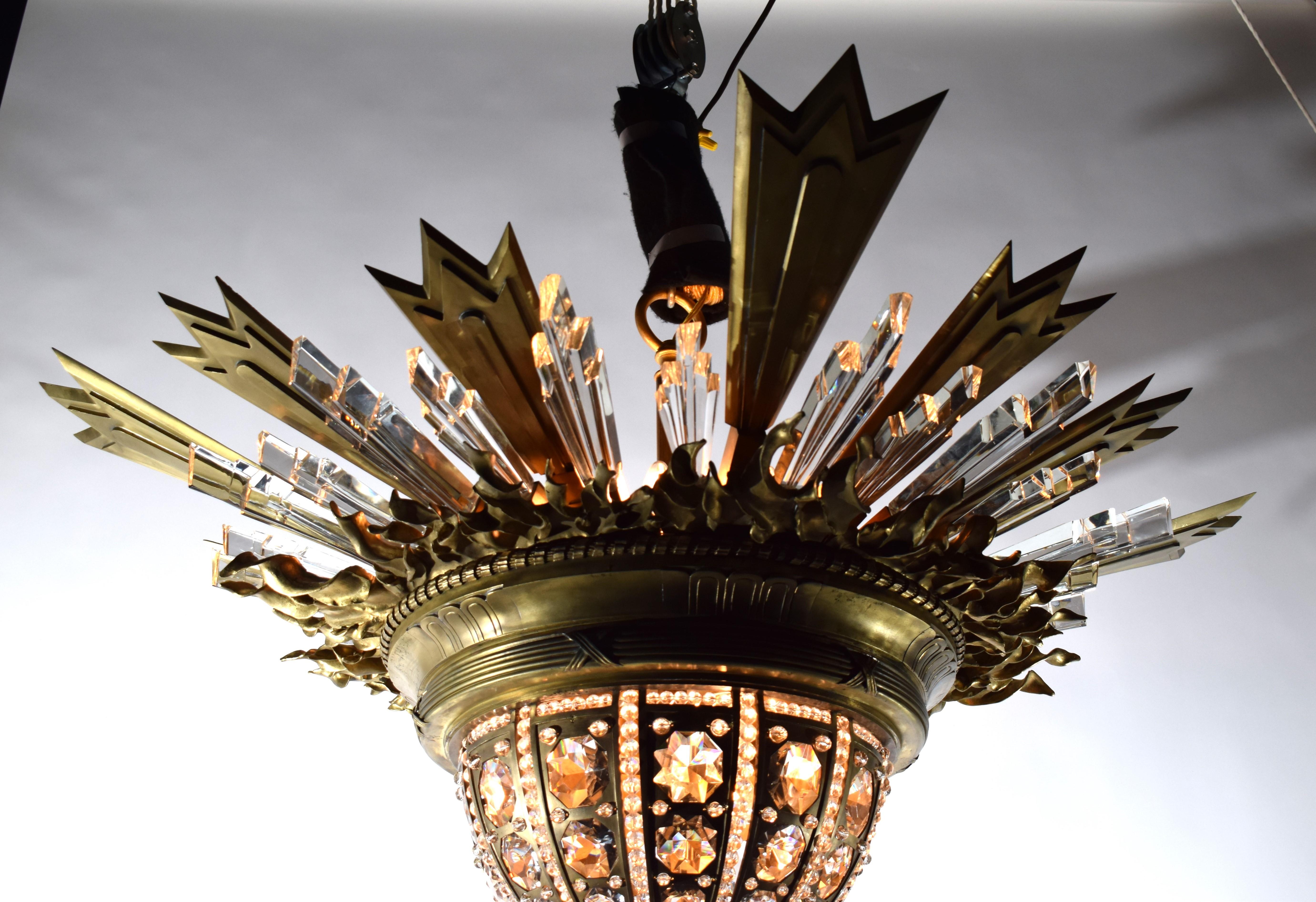 An Exquisite Gilt Bronze & Crystal Pendant/Plafonnier by Charles Blanc For Sale 1