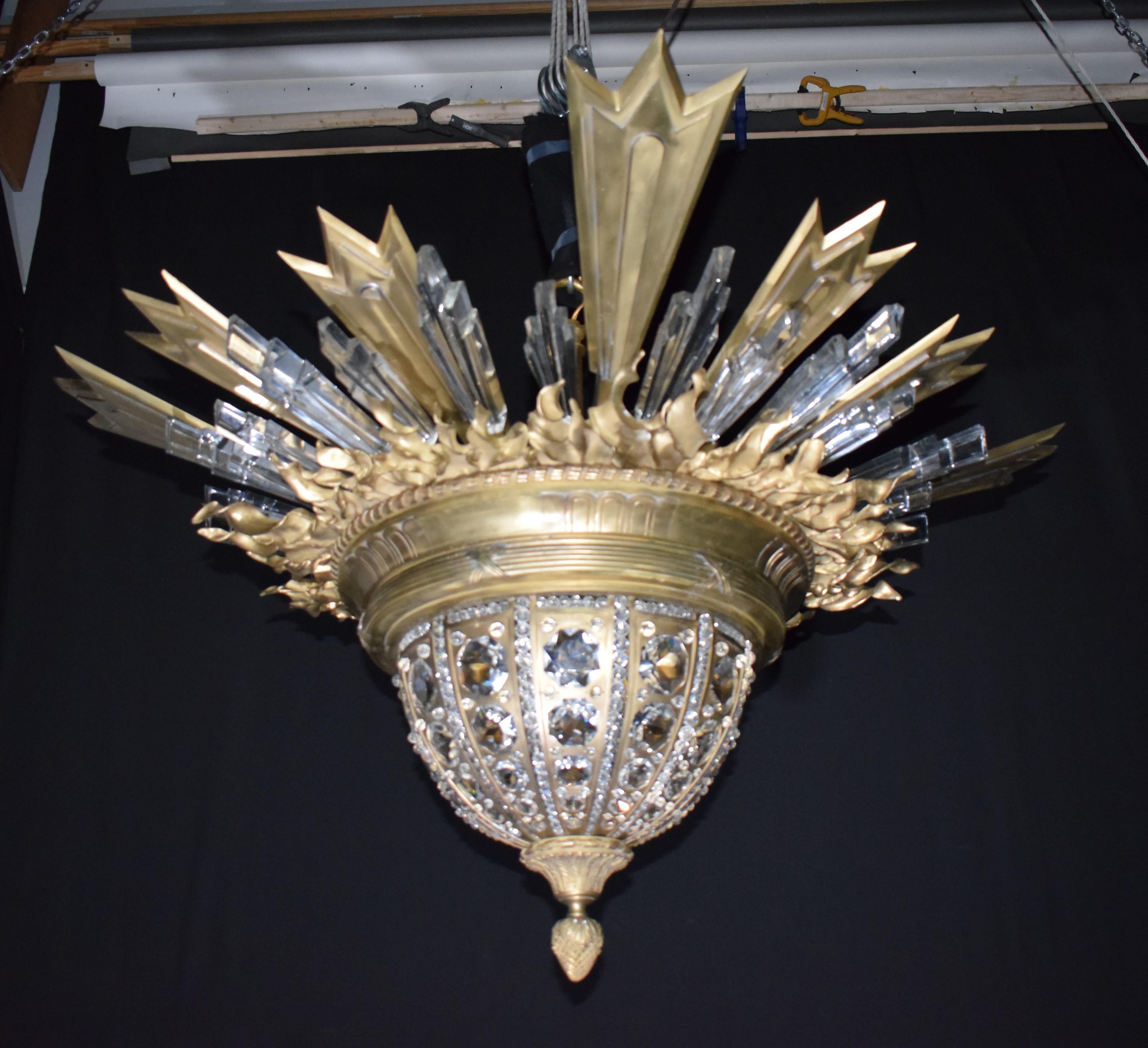 An Exquisite Gilt Bronze & Crystal Pendant/Plafonnier by Charles Blanc For Sale 2