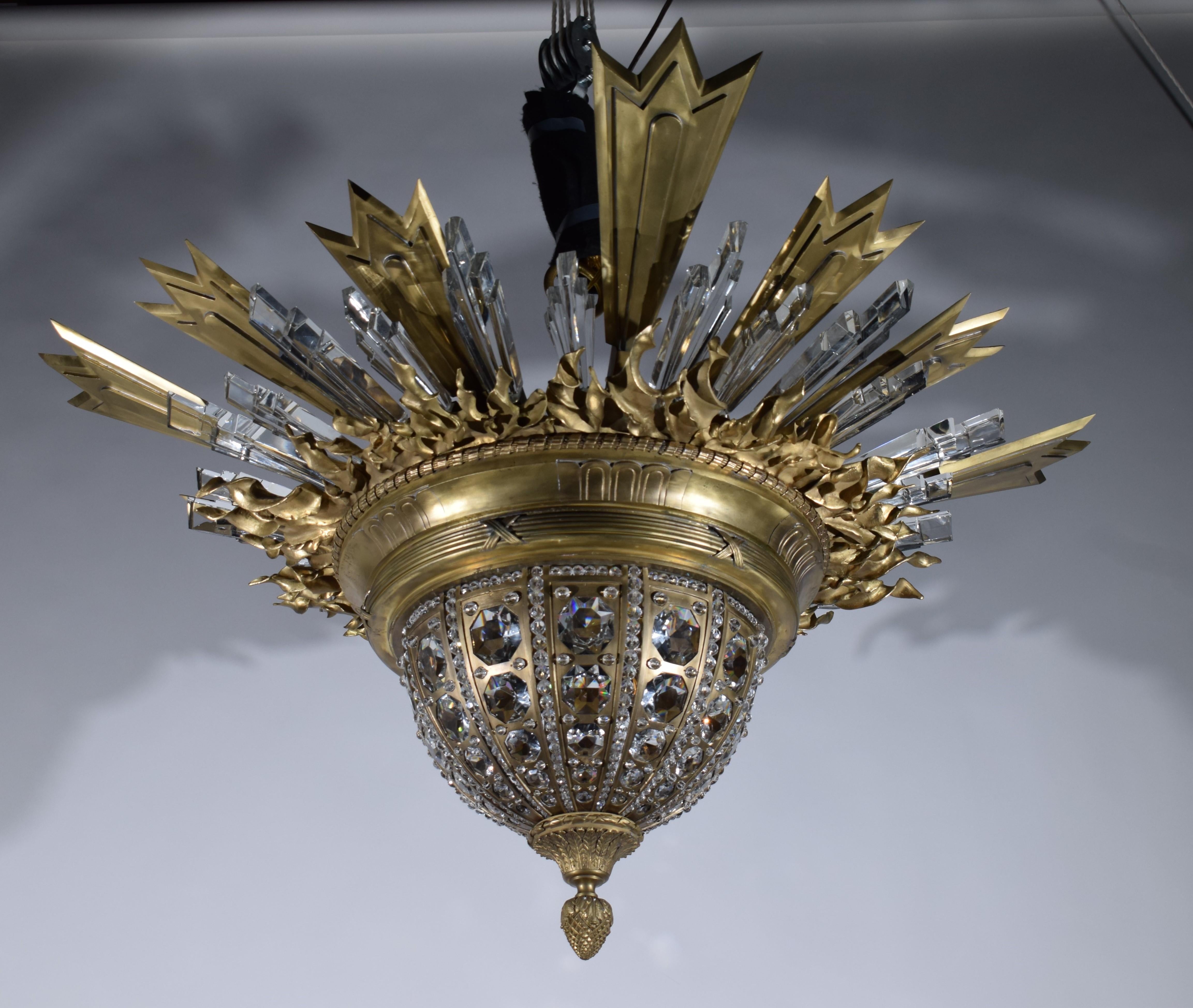 An Exquisite Gilt Bronze & Crystal Pendant/Plafonnier by Charles Blanc For Sale 4