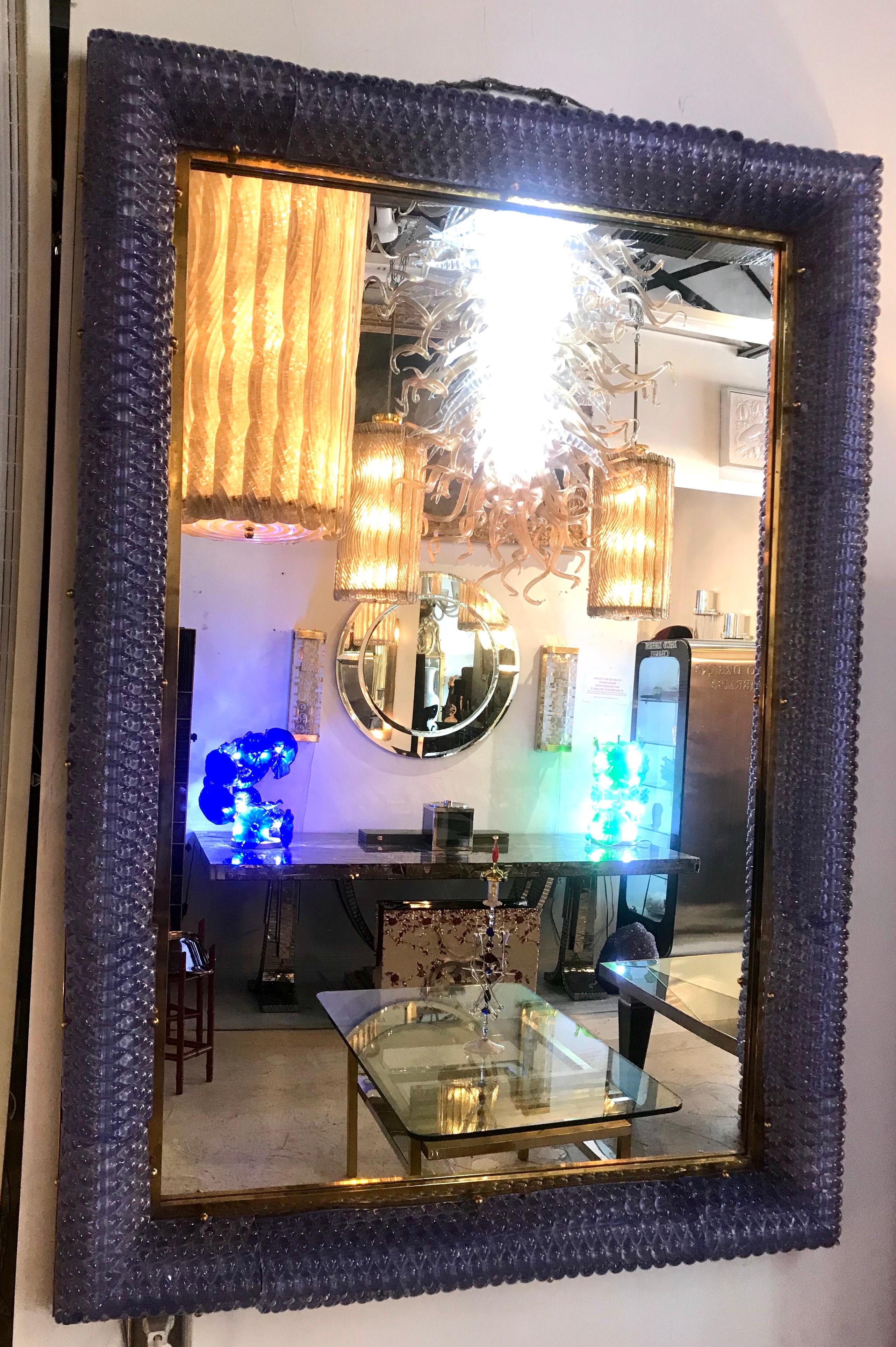Exquisite Italian Hand Blown Glass and Brass Illuminating Large Mirror In Good Condition In Miami, FL