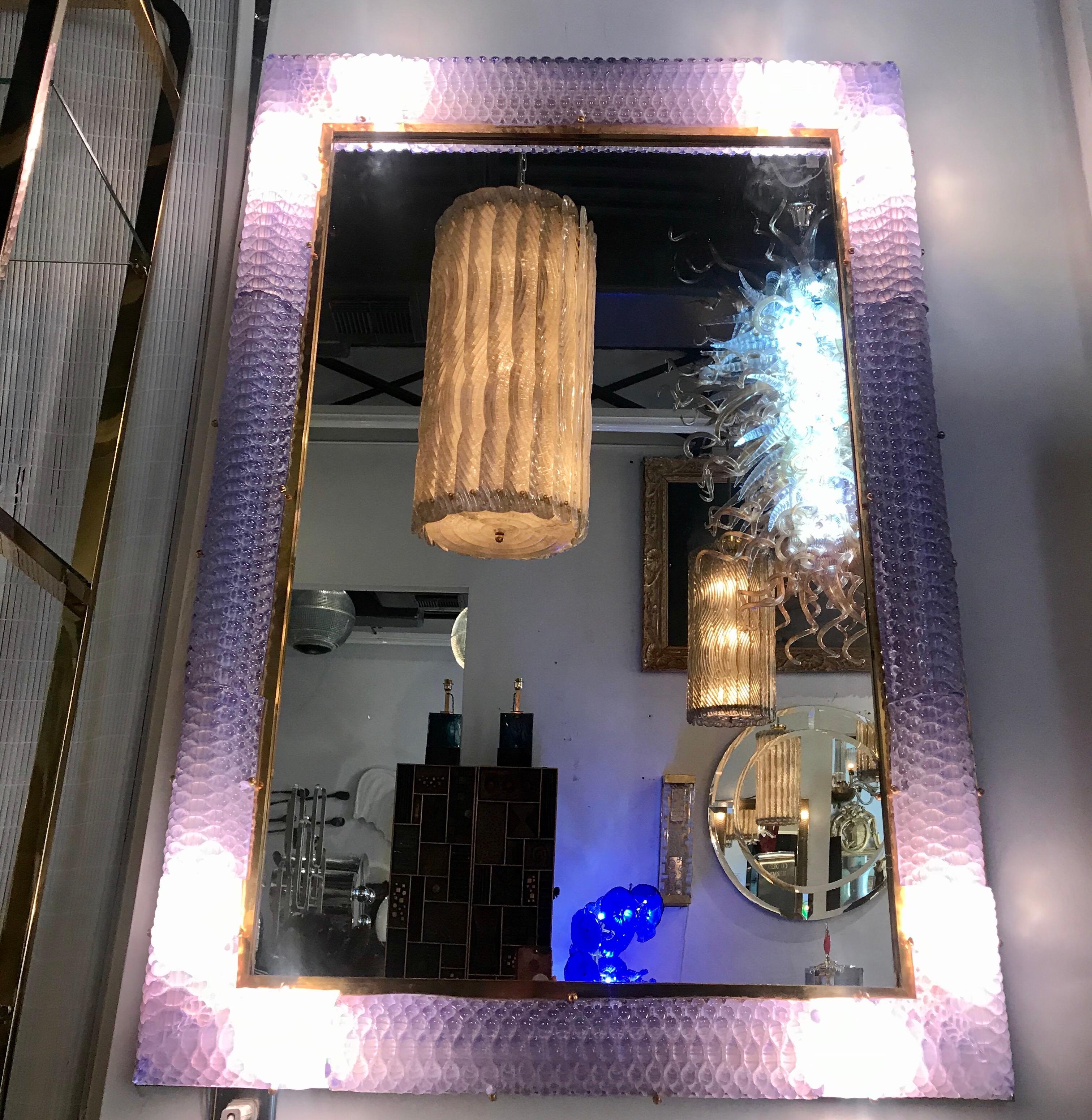 Exquisite Italian Hand Blown Glass and Brass Illuminating Large Mirror 1