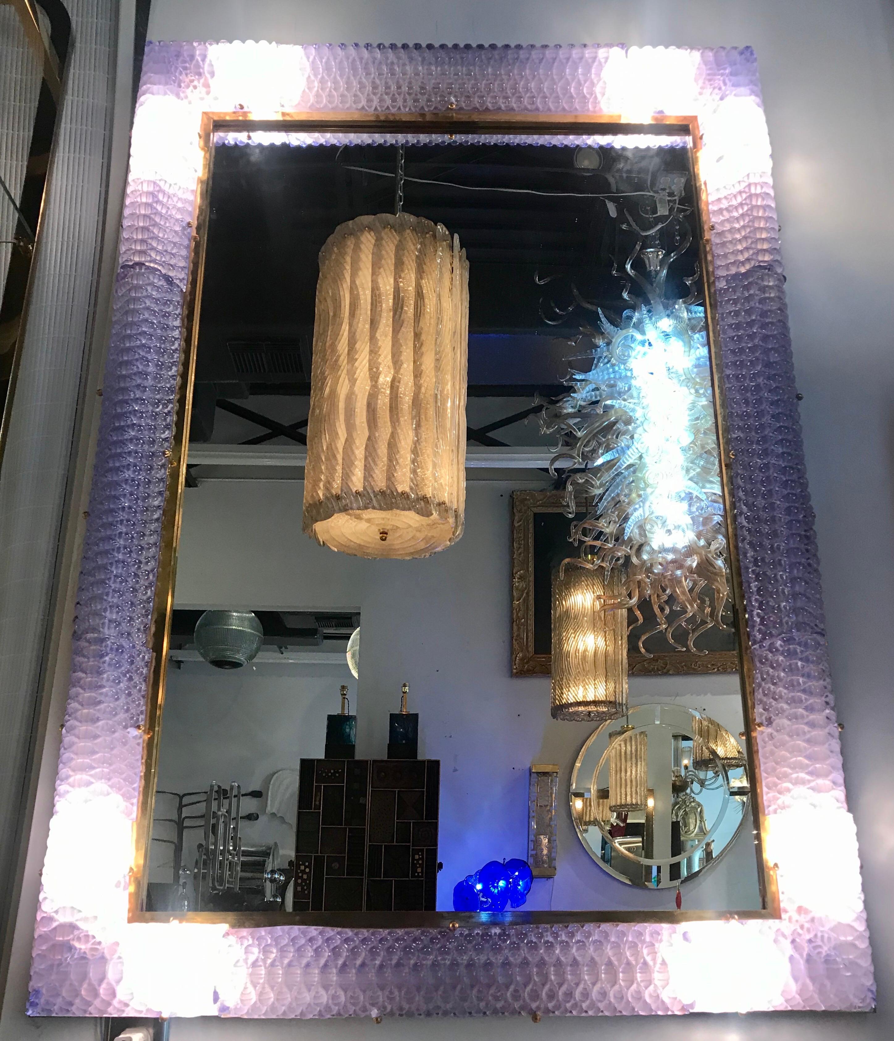 Exquisite Italian Hand Blown Glass and Brass Illuminating Large Mirror 3