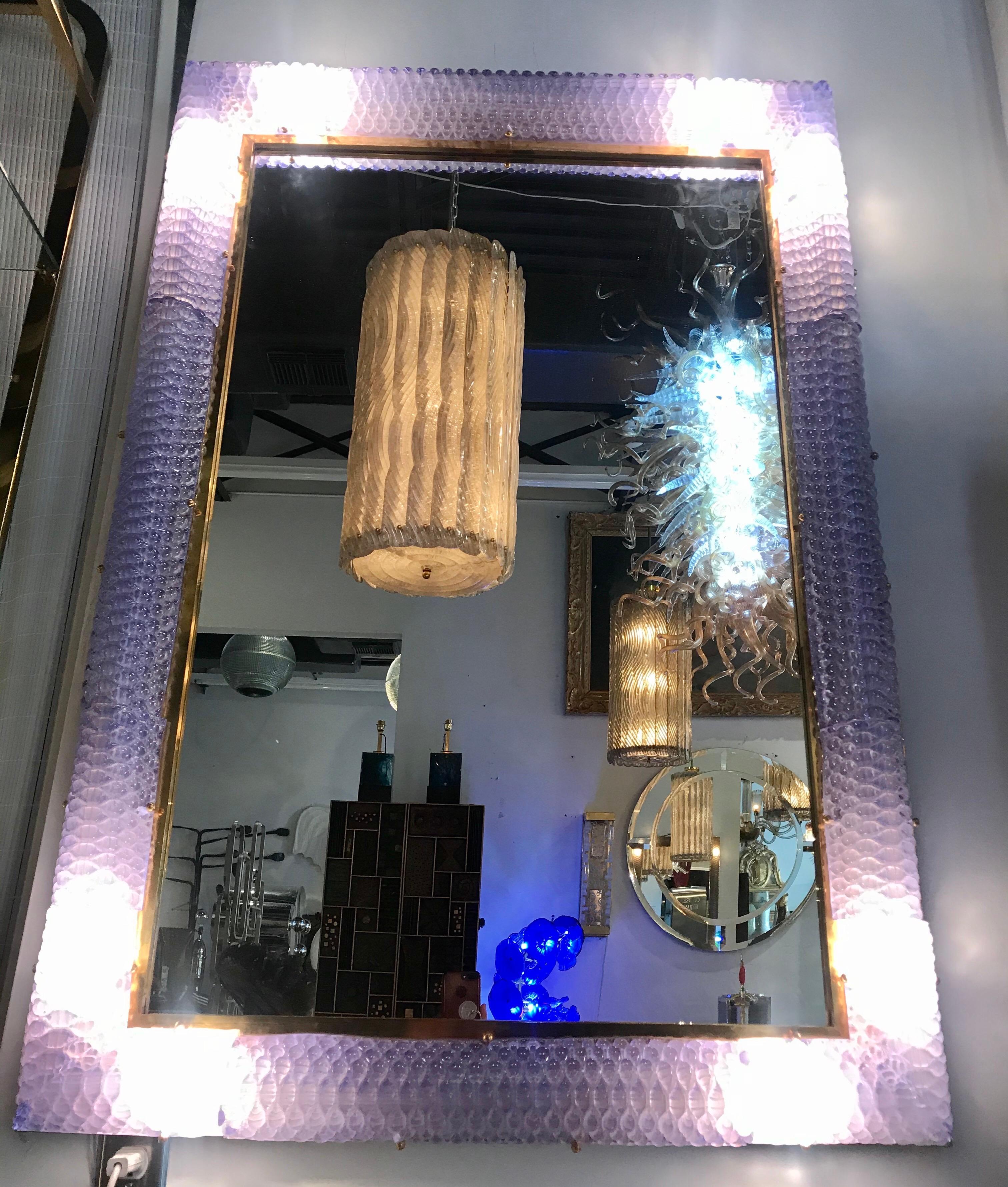 Exquisite Italian Hand Blown Glass and Brass Illuminating Large Mirror 4