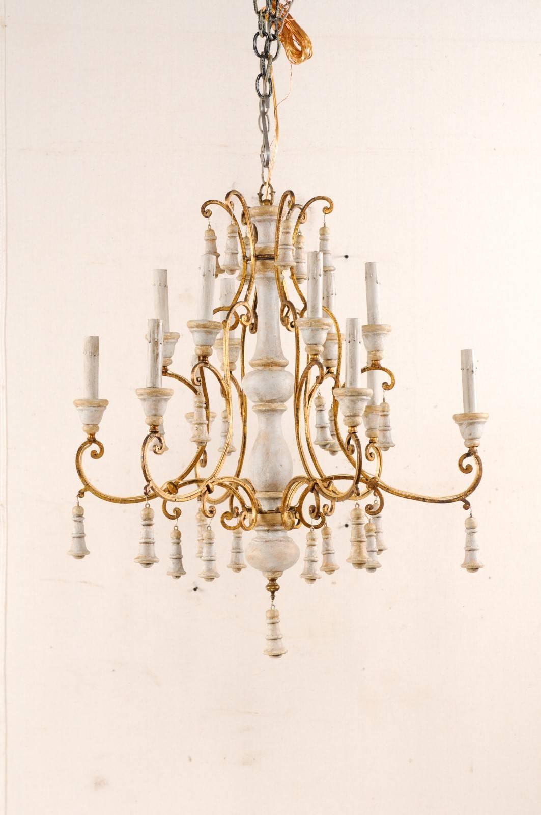 Exquisite Italian Two-Tiered Twelve-Light Carved, Painted and Gilded Chandelier In Good Condition In Atlanta, GA