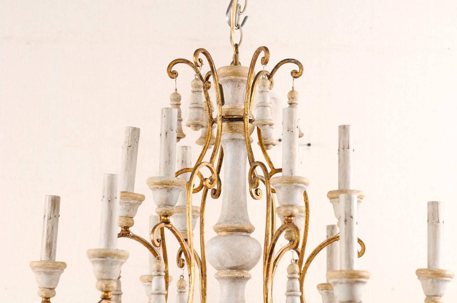 Iron Exquisite Italian Two-Tiered Twelve-Light Carved, Painted and Gilded Chandelier