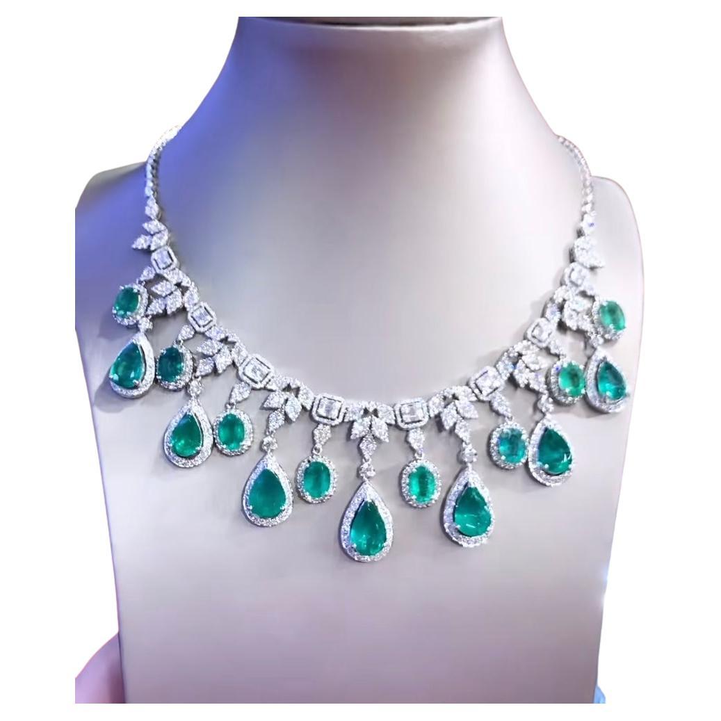 An exclusive and stunning necklace, in contemporary design, a very piece of art . 
Necklace come in 18k gold with 8 pieces of natural Zambia emeralds in oval cut, 7 pieces of natural Zambia emerald in pear cut , total 36,19 carats, fine quality,