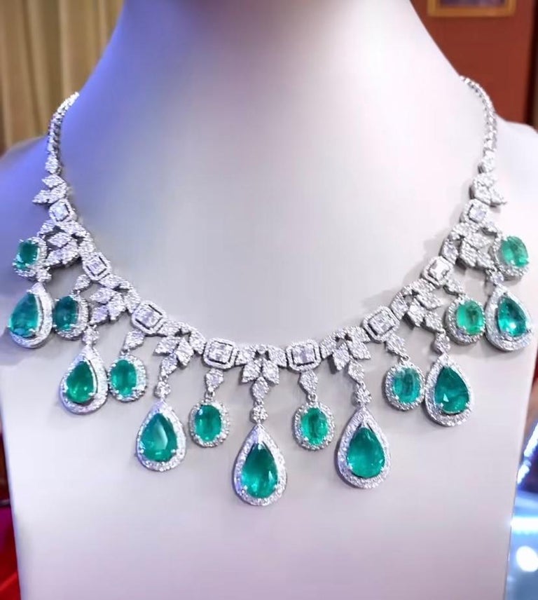 AIG Certified 36.19 Ct Zambia Emeralds Diamonds 12.44 Ct 18K Gold