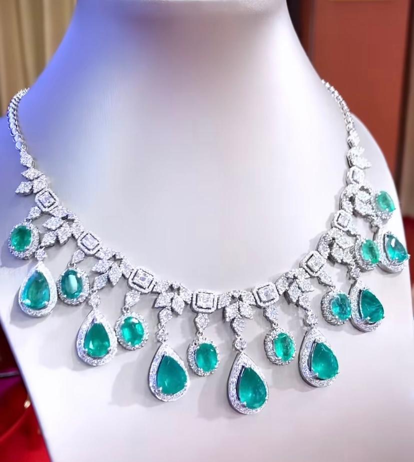 Pear Cut AIG Certified 36.19 Ct Zambia Emeralds Diamonds 12.44 Ct 18K Gold Necklace  For Sale