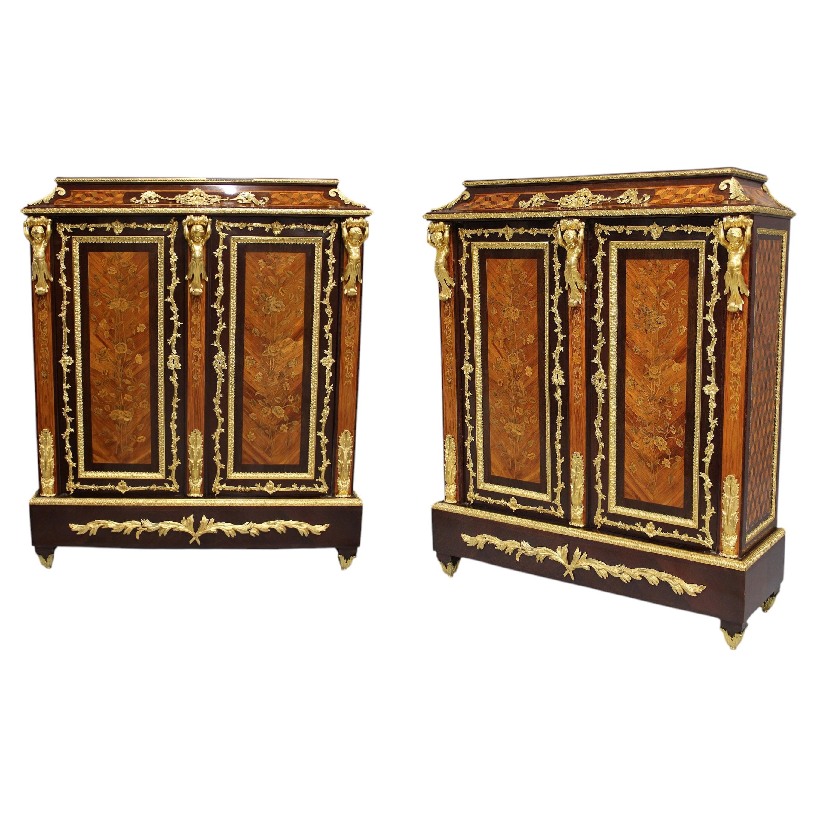 An Exquisite Pair of 19th Century Gilt Bronze Mounted Cabinets By Béfort Jeune