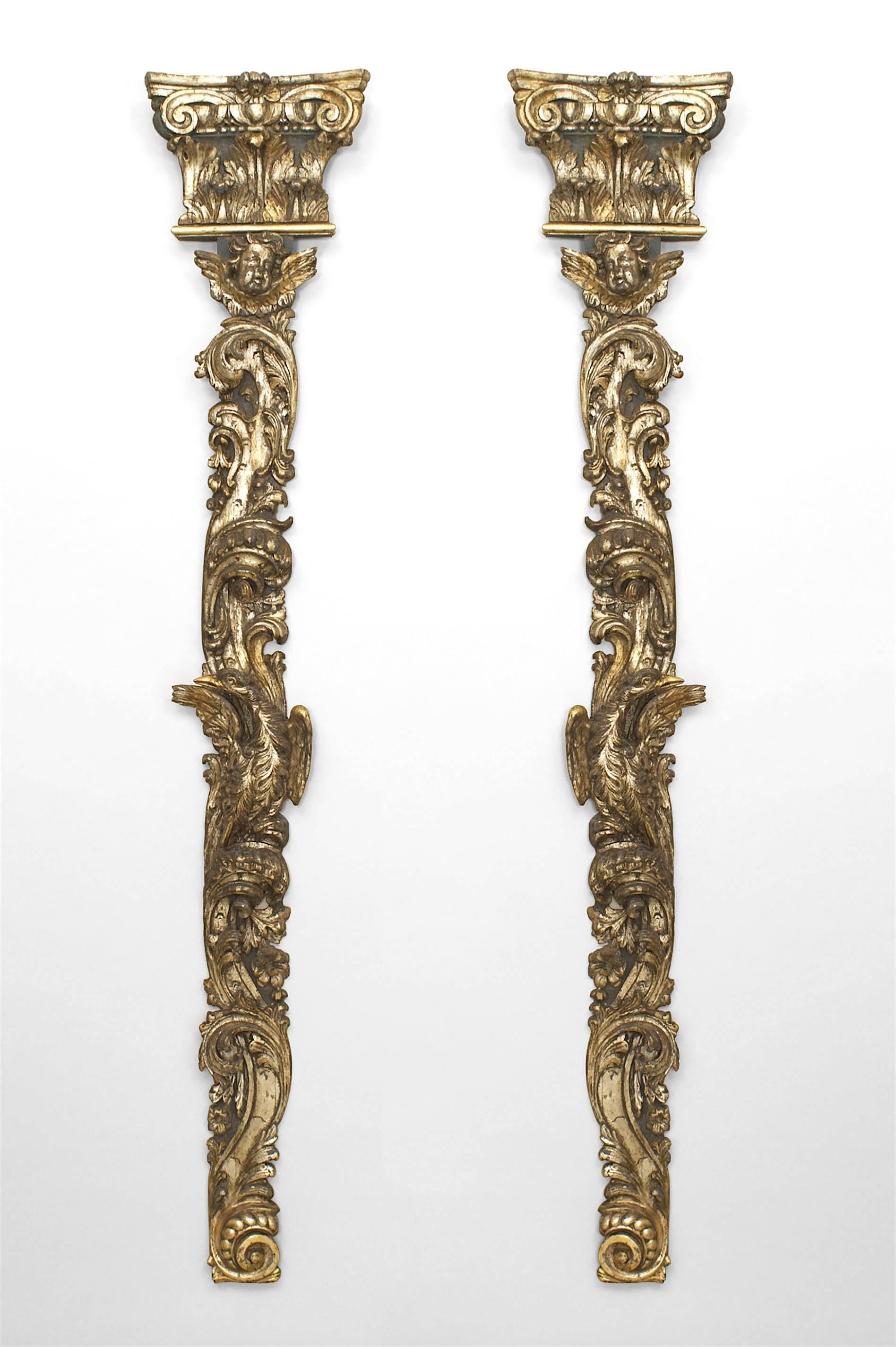 Pair of Italian Rococo (mid-18th Cent) carved silver gilt pilaster wall plaques with bird and floral carving under an Ionic capital pediment