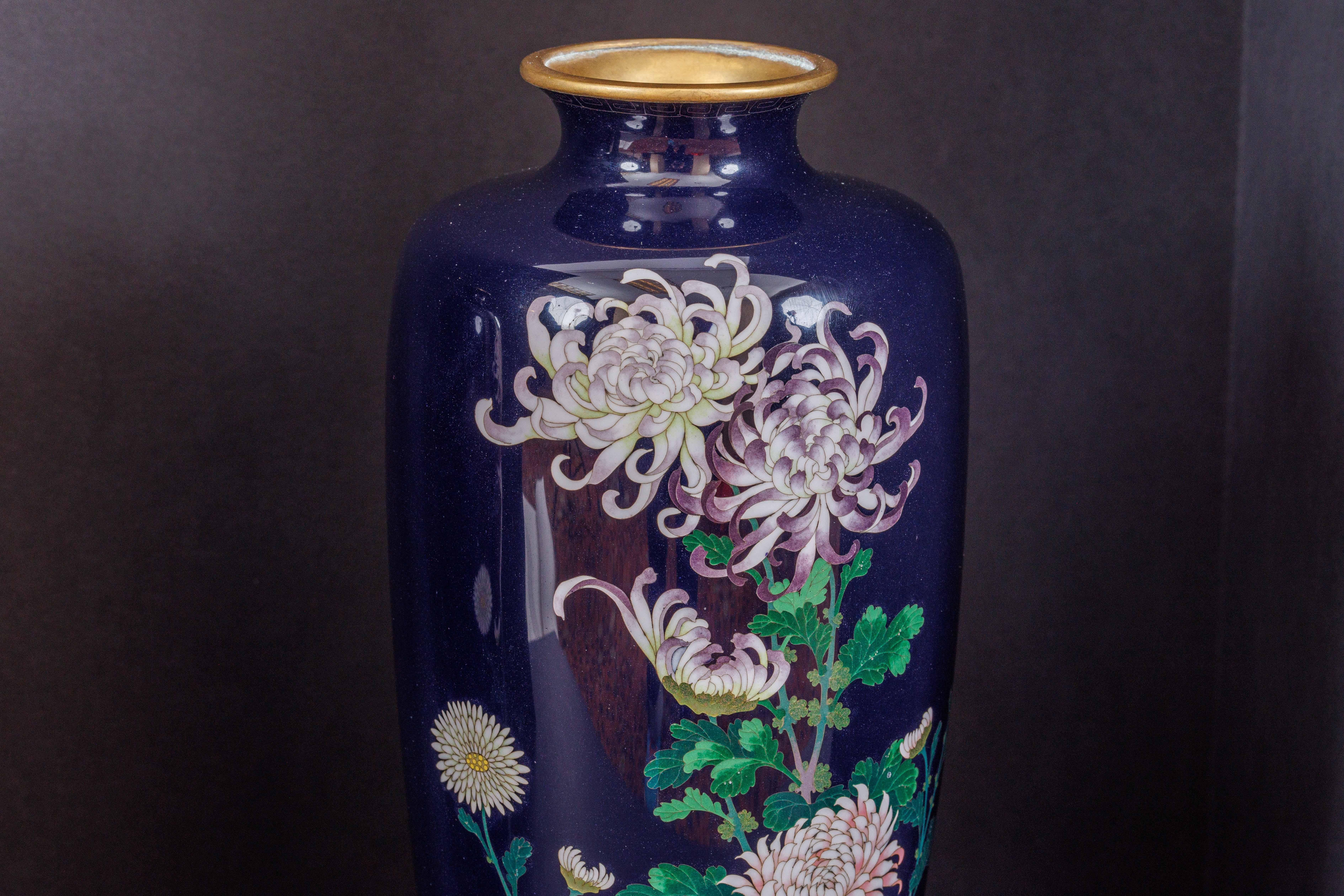 Meiji An Exquisite Pair Of Japanese Cloisonné Enamel Vases with Chrysanthemum Blossoms For Sale
