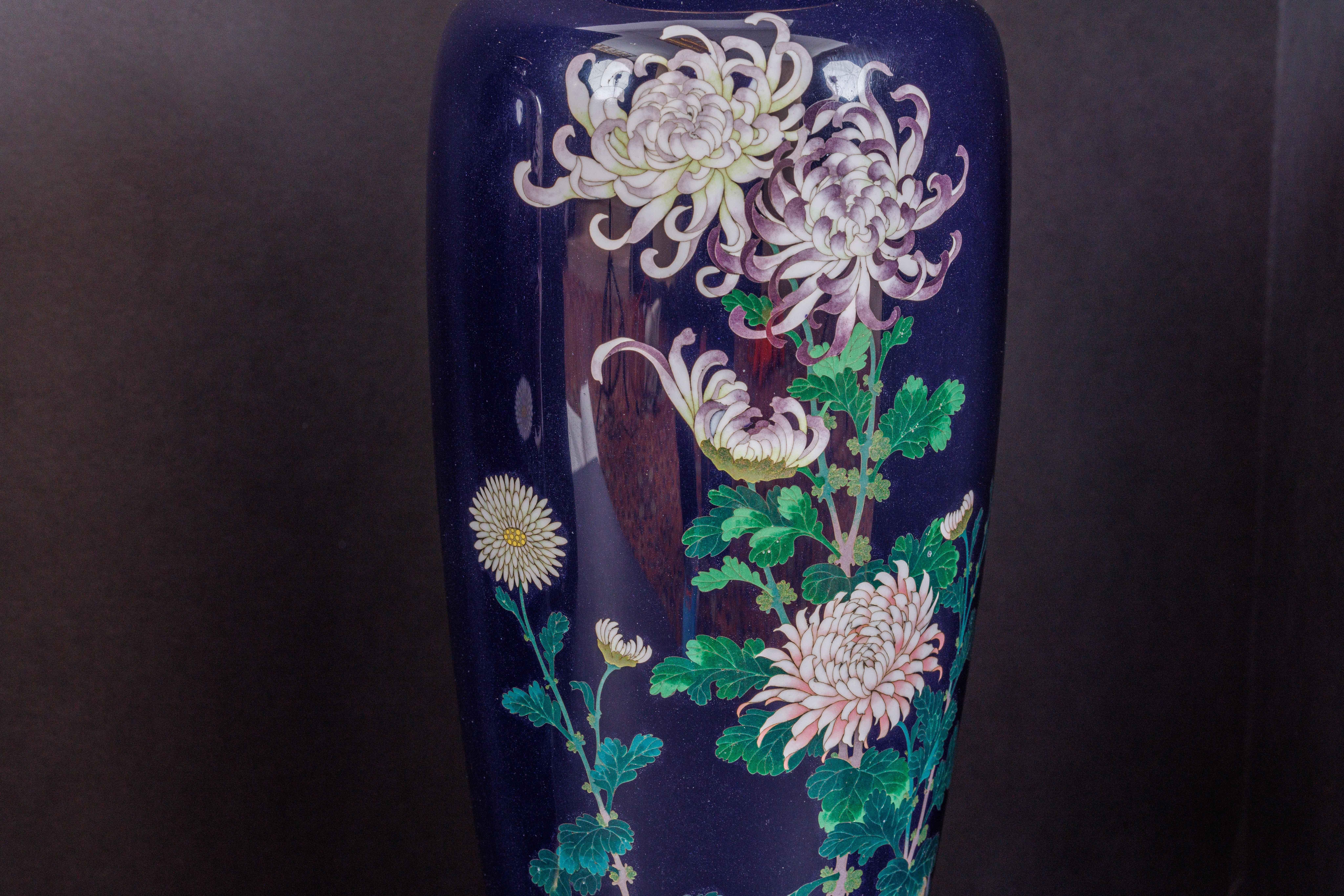 19th Century An Exquisite Pair Of Japanese Cloisonné Enamel Vases with Chrysanthemum Blossoms For Sale