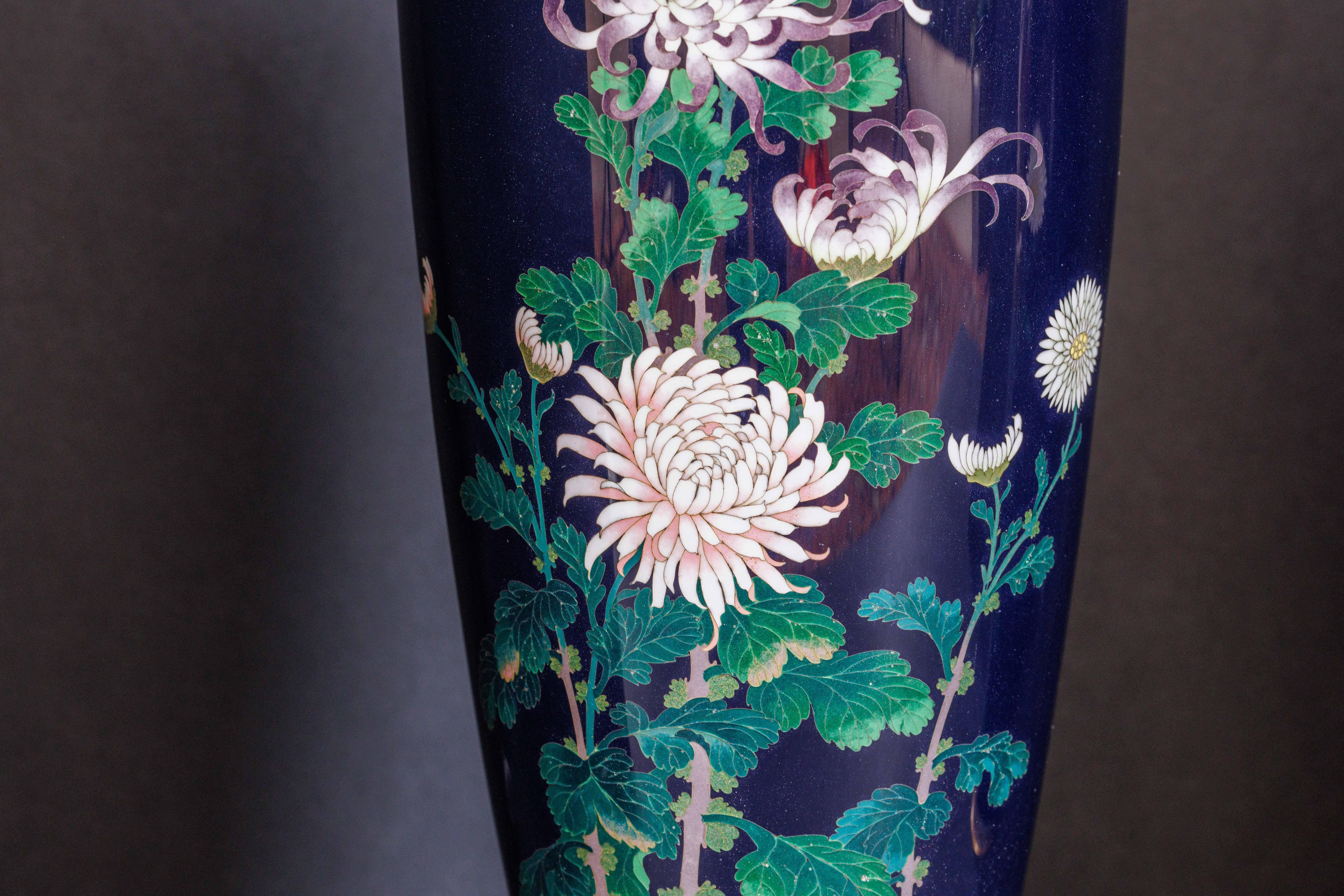 An Exquisite Pair Of Japanese Cloisonné Enamel Vases with Chrysanthemum Blossoms For Sale 3