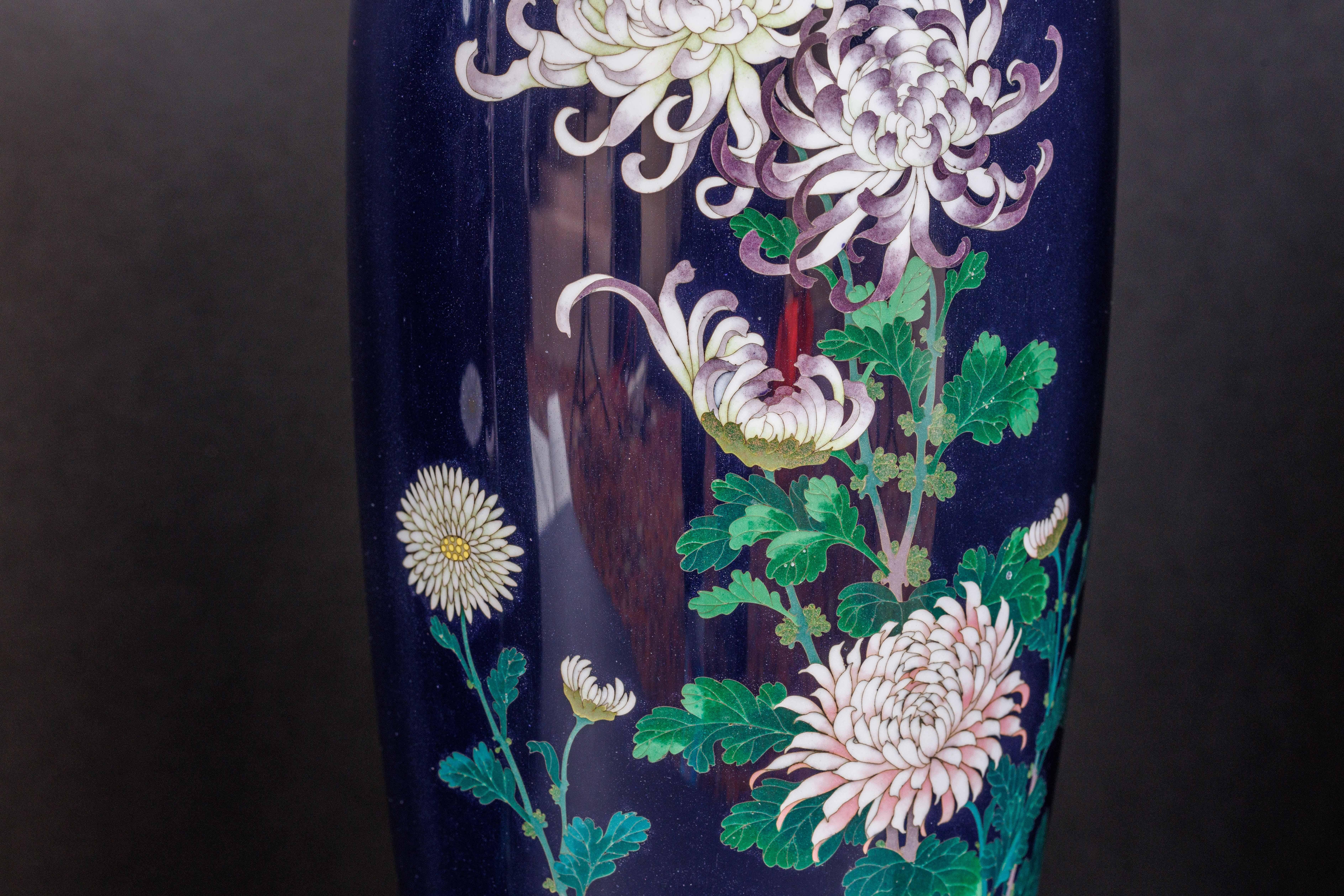 An Exquisite Pair Of Japanese Cloisonné Enamel Vases with Chrysanthemum Blossoms For Sale 4