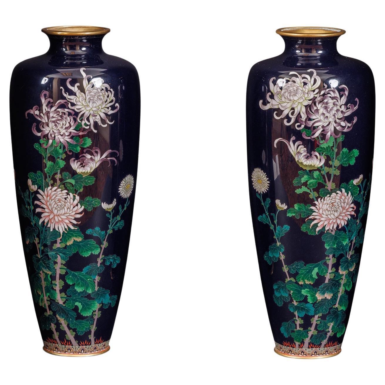 An Exquisite Pair Of Japanese Cloisonné Enamel Vases with Chrysanthemum Blossoms For Sale