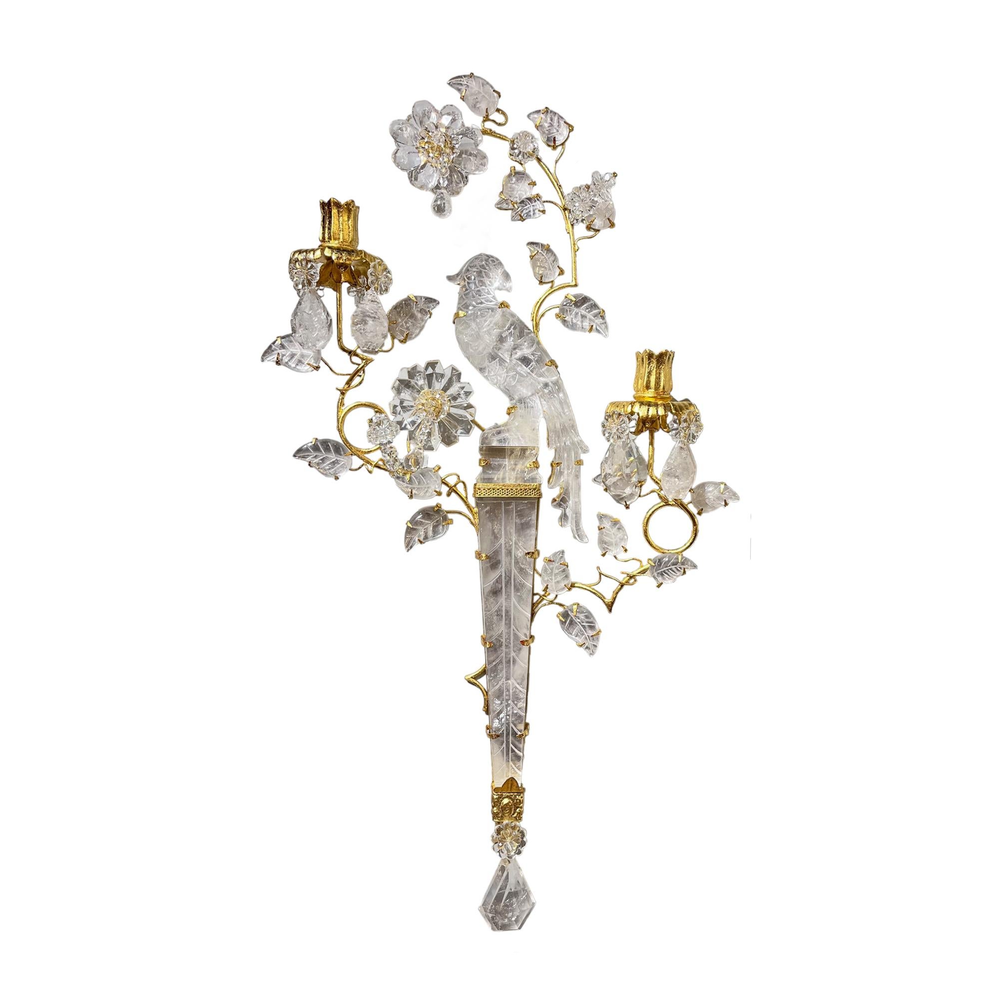 An Exquisite Set of Four French  Two-light Gilt Metal Rock Crystal Wall Sconces after Baguès with carved Parrot & Foliage ornamentation

Dimension: 24 in x 13 1/2 in x 6 in