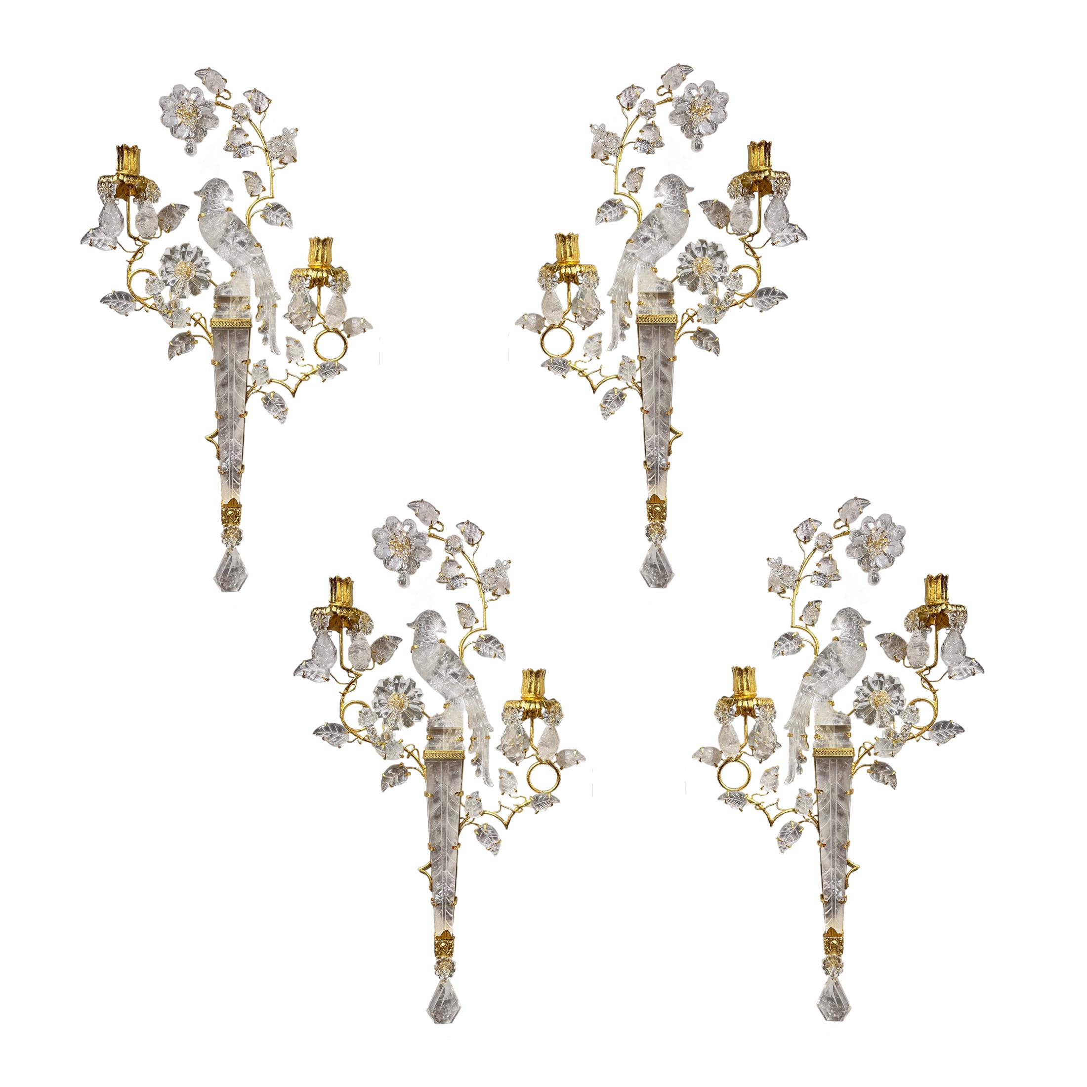 20th Century An Exquisite Set of Four Two-light Rock Crystal Sconces After Baguès For Sale