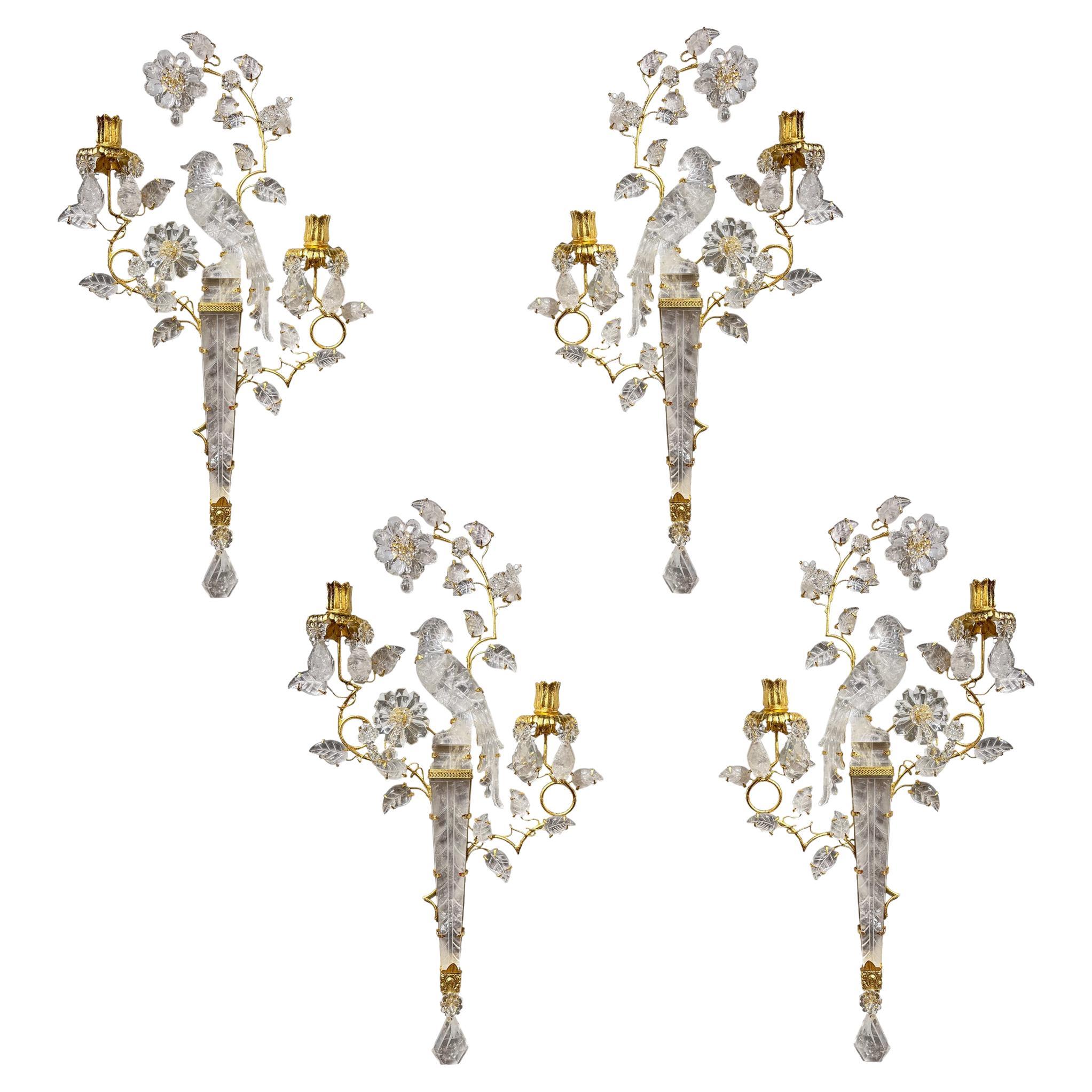 An Exquisite Set of Four Two-light Rock Crystal Sconces After Baguès