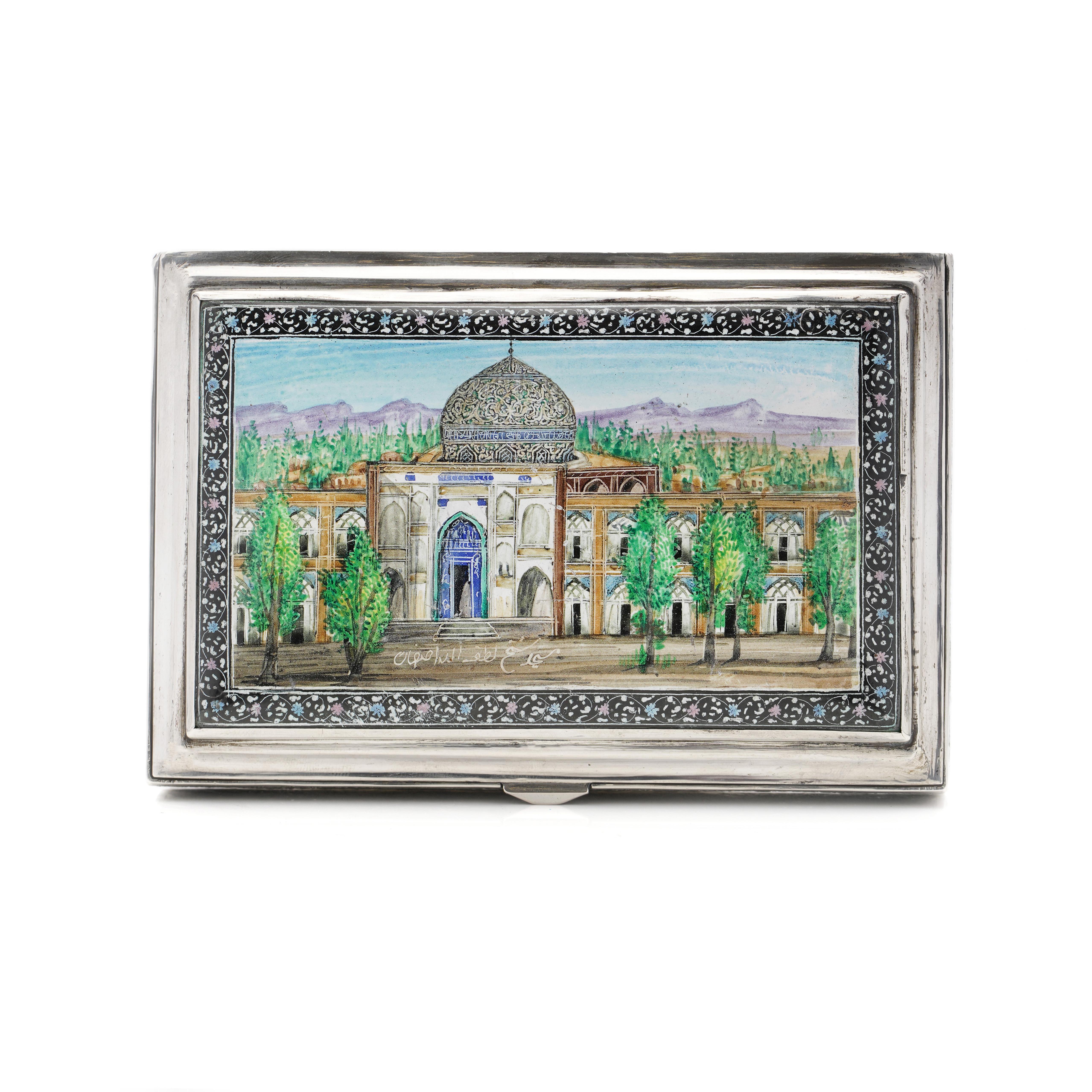 Mid-20th Century An exquisite vintage Persian/Iranian 84 silver and enamel box adorned with a cap For Sale
