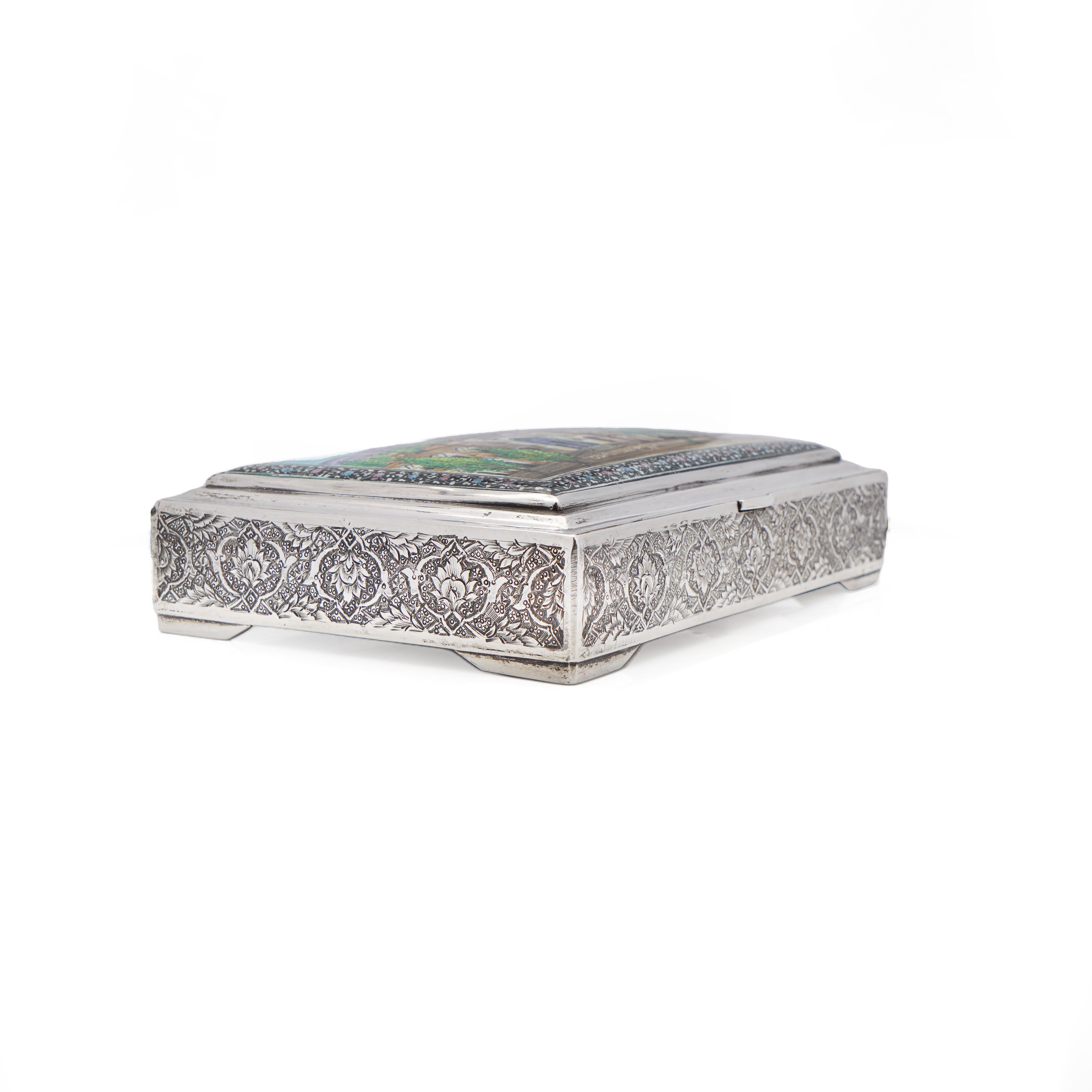 Silver An exquisite vintage Persian/Iranian 84 silver and enamel box adorned with a cap For Sale
