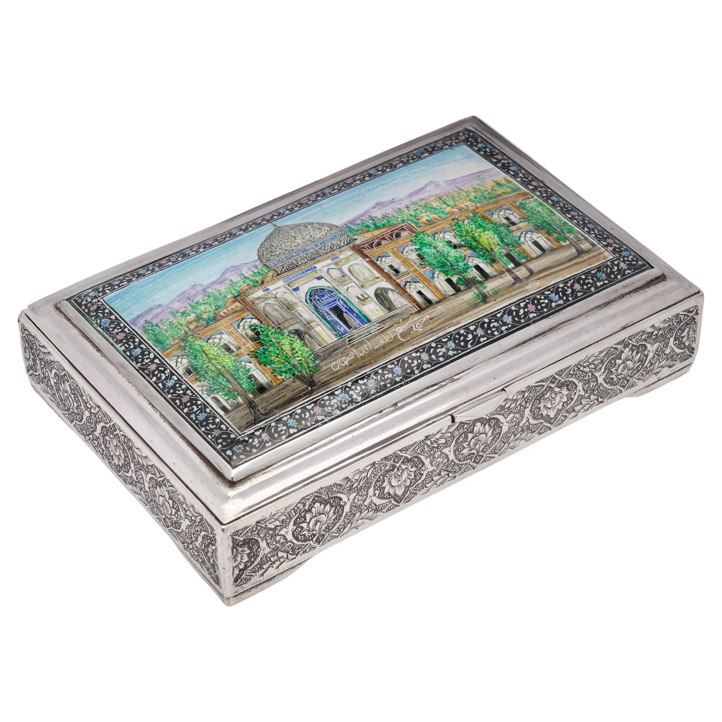 An exquisite vintage Persian/Iranian 84 silver and enamel box adorned with a cap For Sale