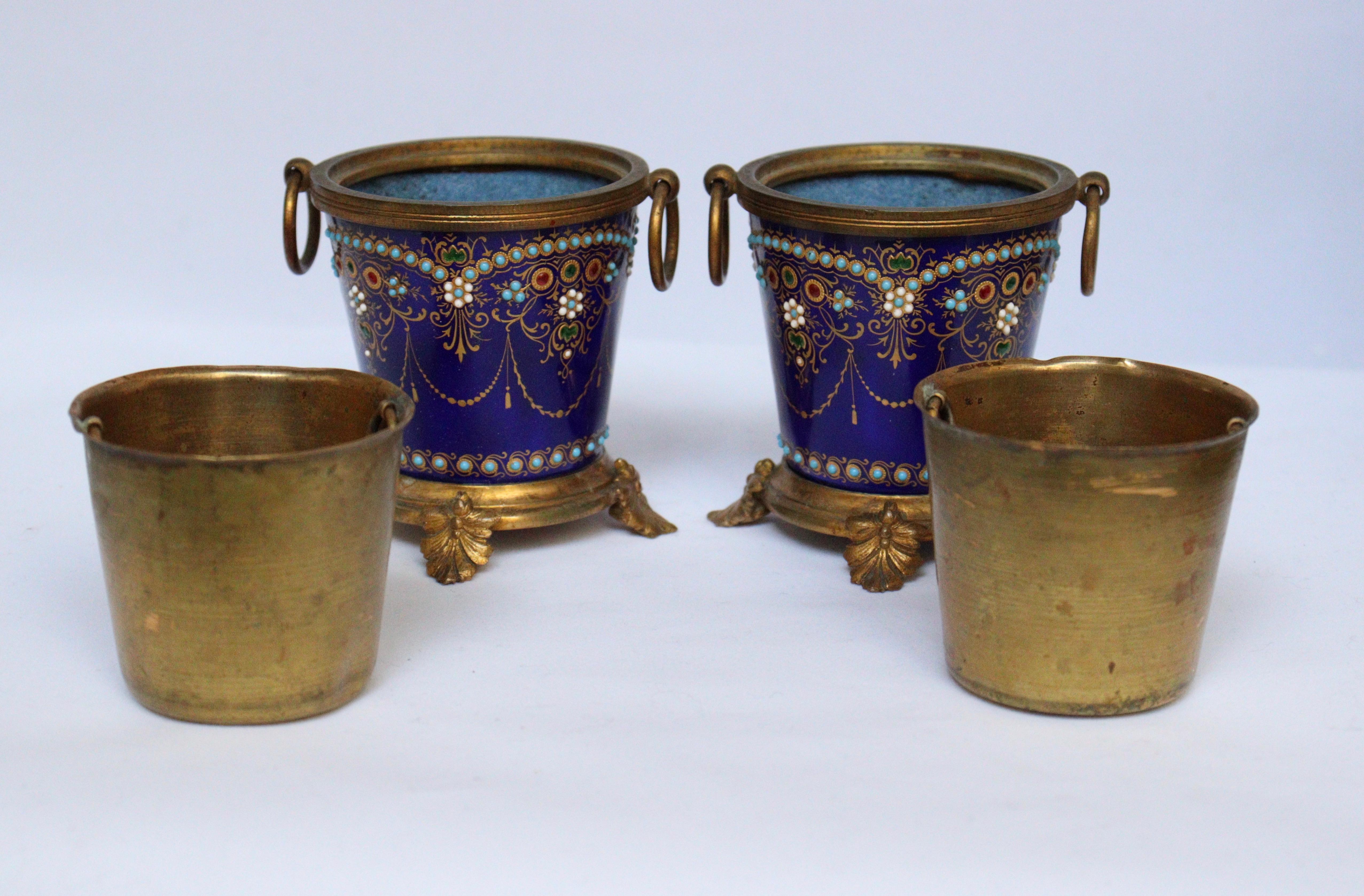 Exquisive French 19th Pair of Enamel and Ormolu-Mounted mini Cache-Pots 14