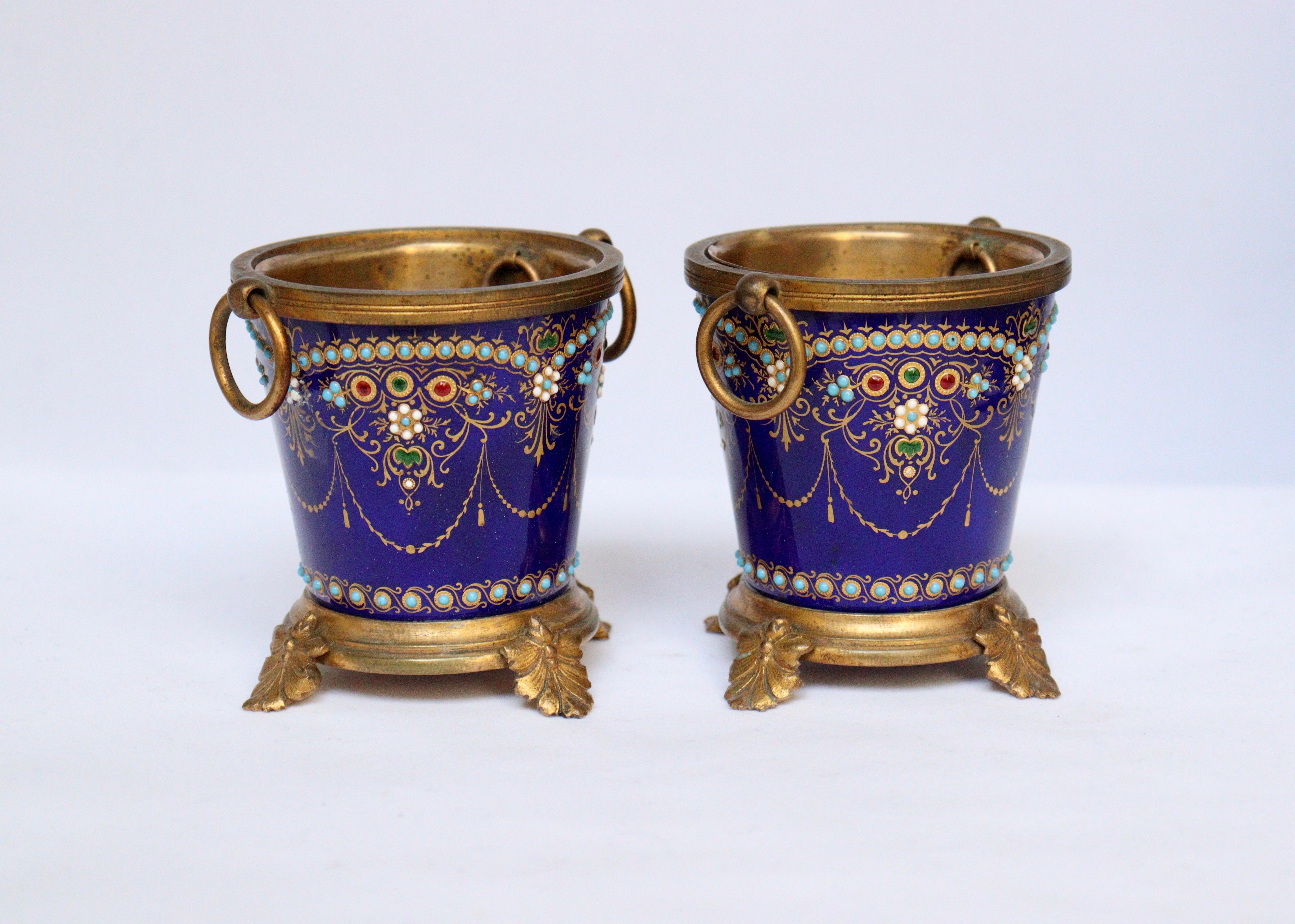 Napoleon III Exquisive French 19th Pair of Enamel and Ormolu-Mounted mini Cache-Pots