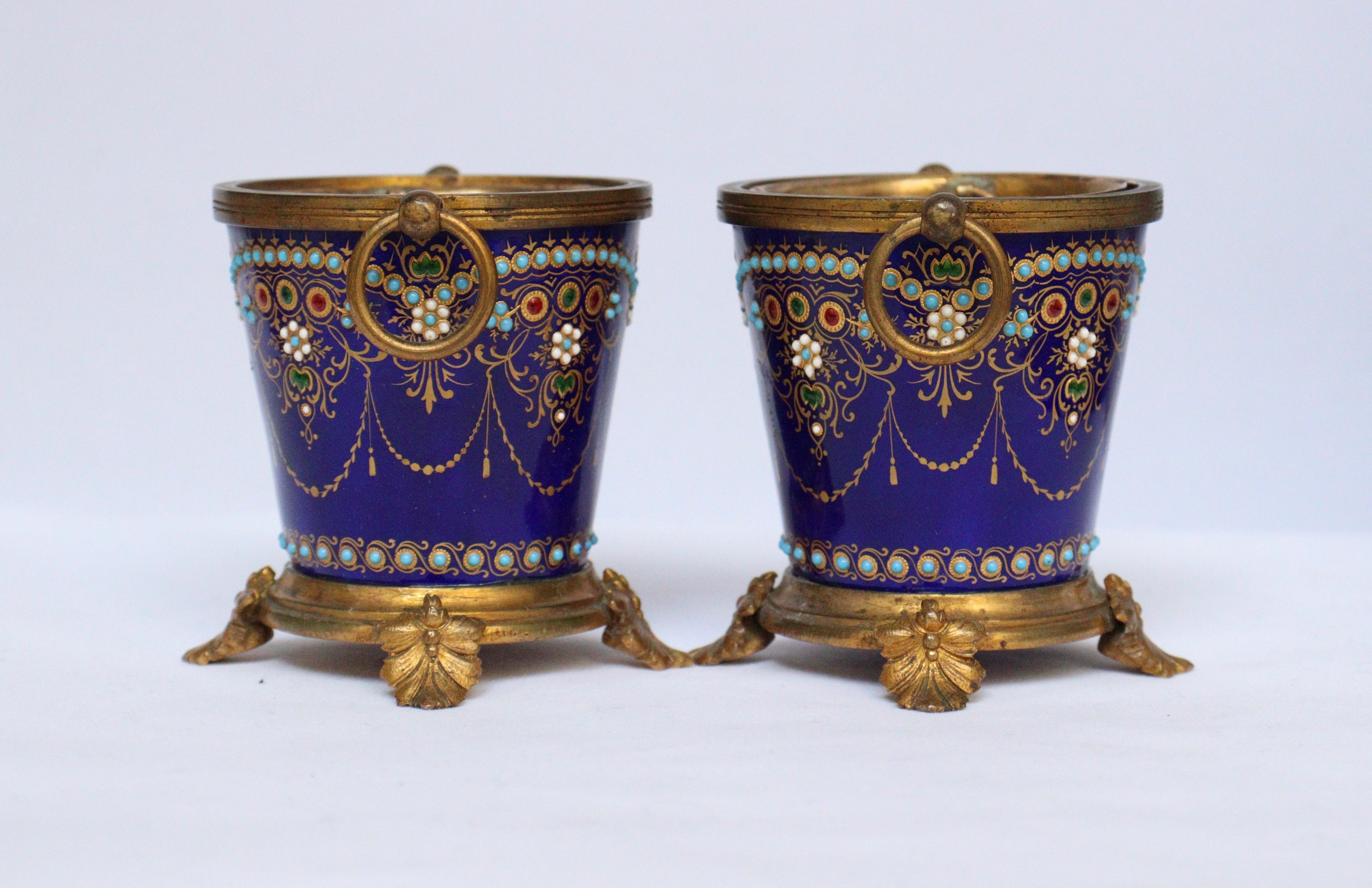 Hand-Painted Exquisive French 19th Pair of Enamel and Ormolu-Mounted mini Cache-Pots