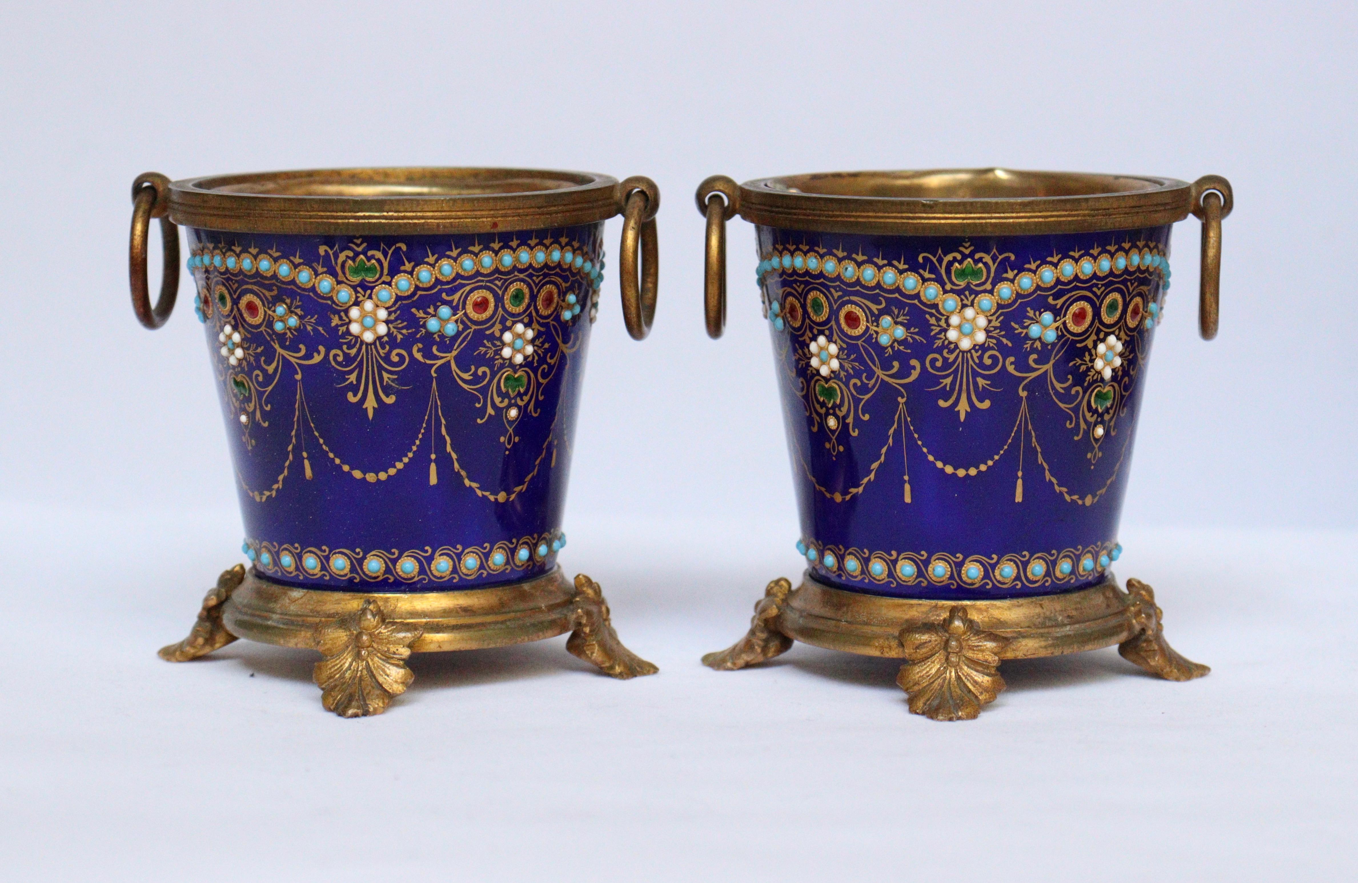 Late 19th Century Exquisive French 19th Pair of Enamel and Ormolu-Mounted mini Cache-Pots