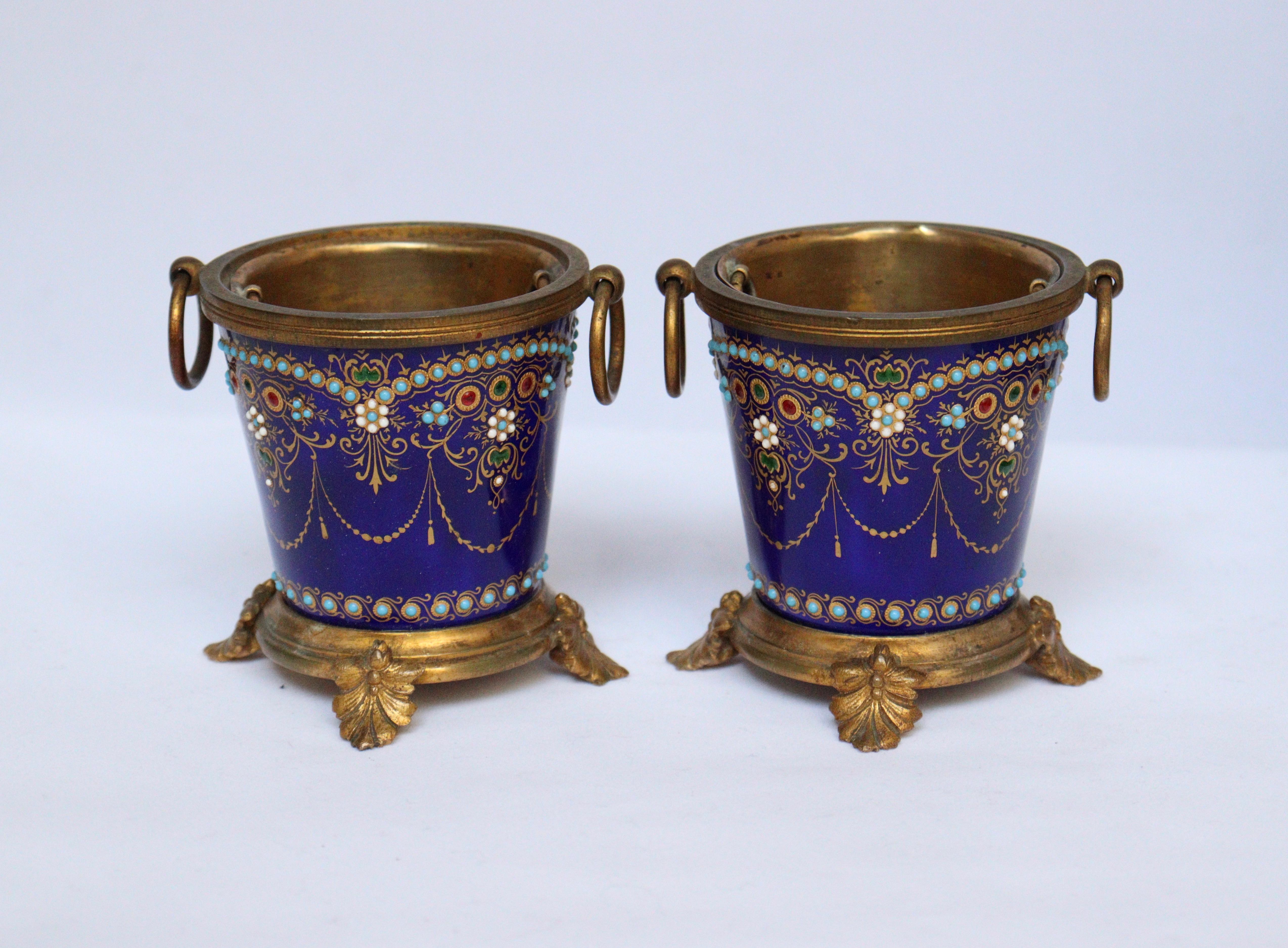 Exquisive French 19th Pair of Enamel and Ormolu-Mounted mini Cache-Pots 1