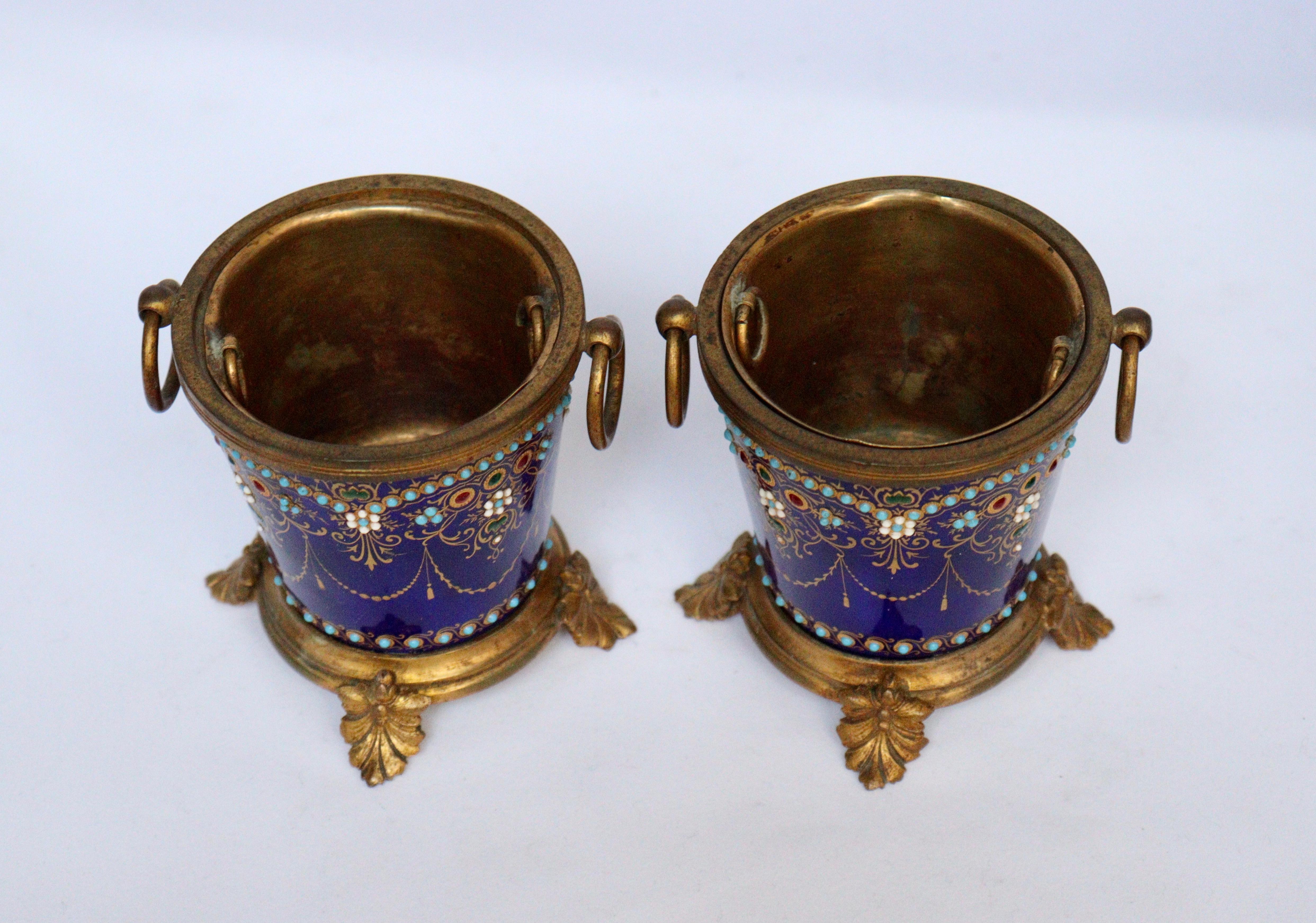 Exquisive French 19th Pair of Enamel and Ormolu-Mounted mini Cache-Pots 2