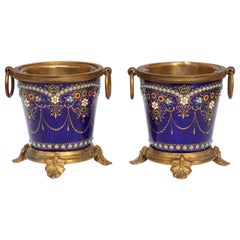 Antique Exquisive French 19th Pair of Enamel and Ormolu-Mounted mini Cache-Pots