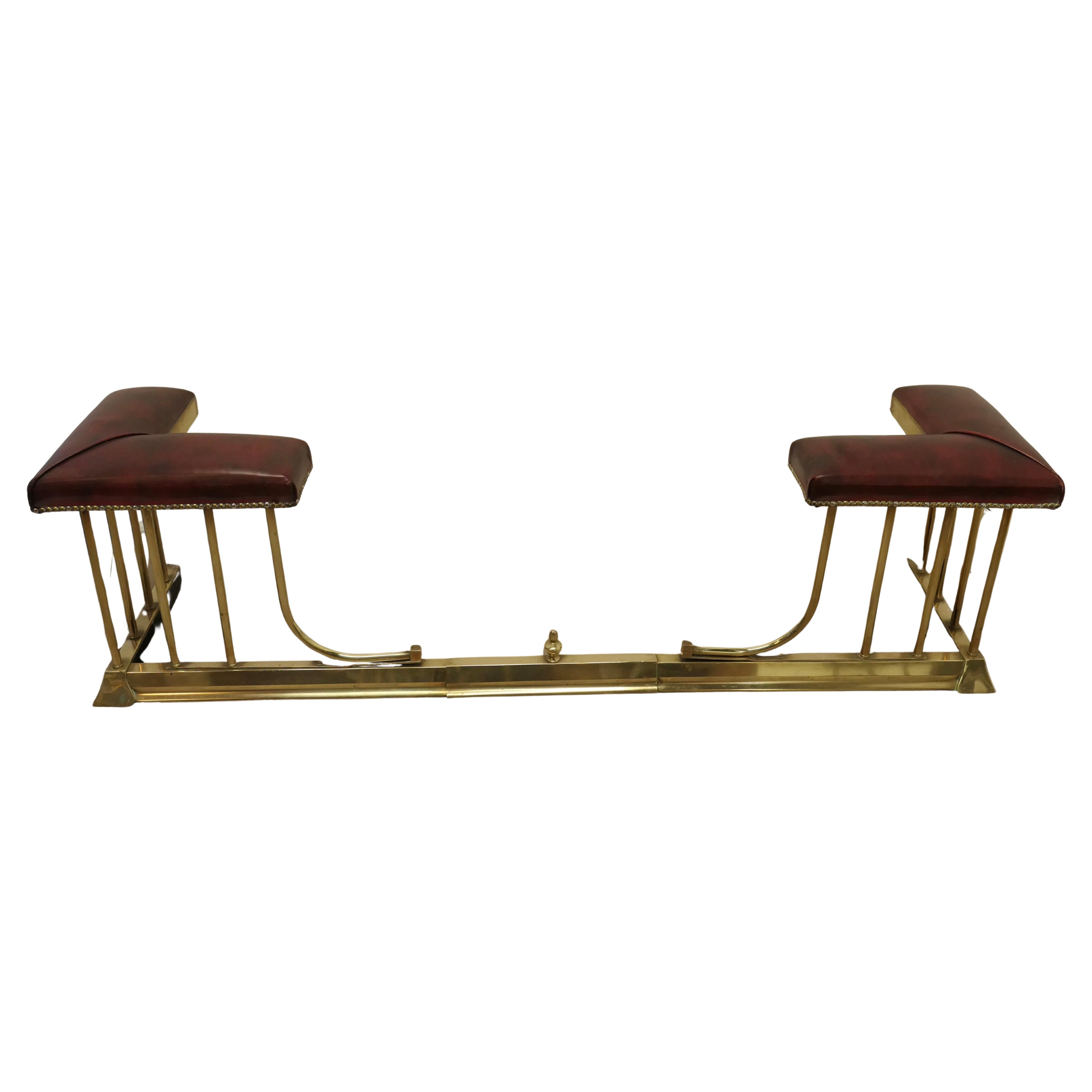 An Extending Brass and Leather Club Fender  This is an elegant piece of country