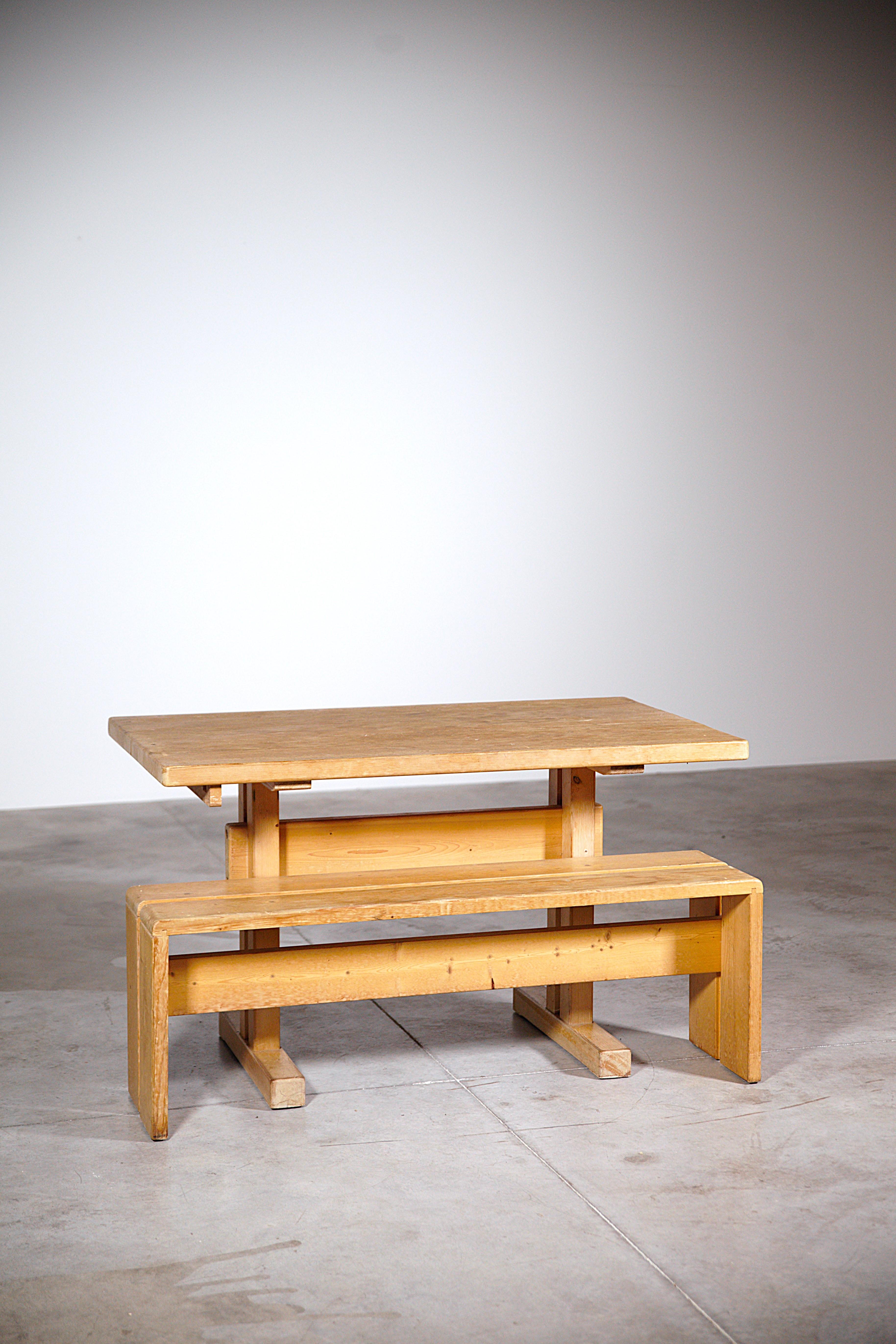 French An Extending Table and Bench by Charlotte Perriand Les Arcs France 1970s For Sale