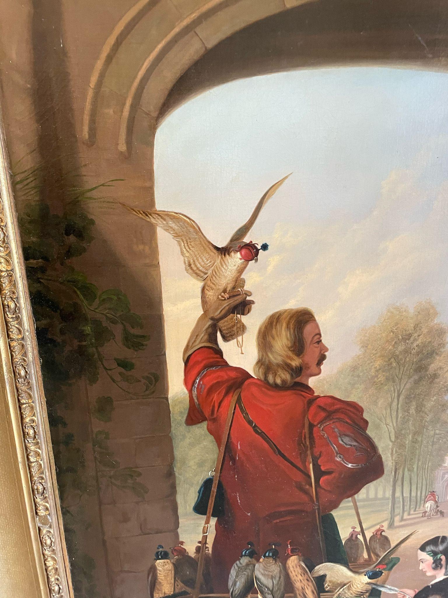 Une très grande huile sur toile peinte à l'arrière. Sir Edwin Henry Landseer, RA du retour de HENRY mesurant 177 x 263 x 12 cm (cadre compris). Le tableau représente une scène près de l'entrée voûtée d'un escalier en pierre. Une femme à cheval tient