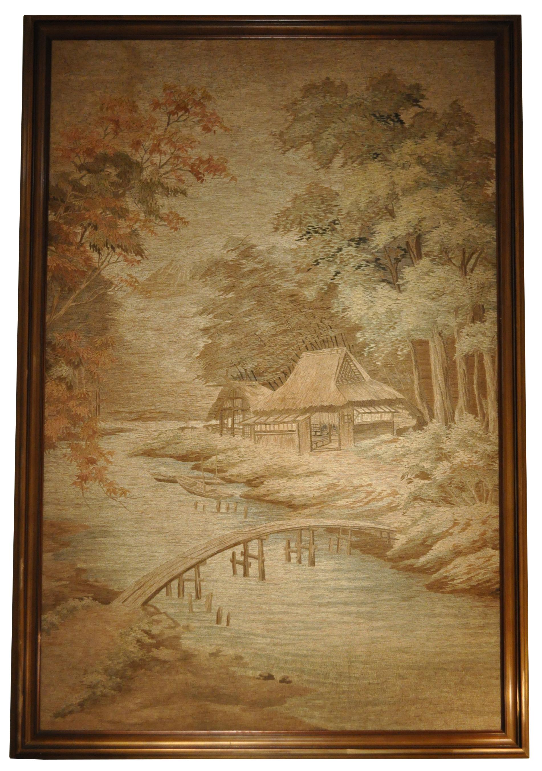 Wood Extraordinary Antique Japanese Embroidered Tapestry For Sale