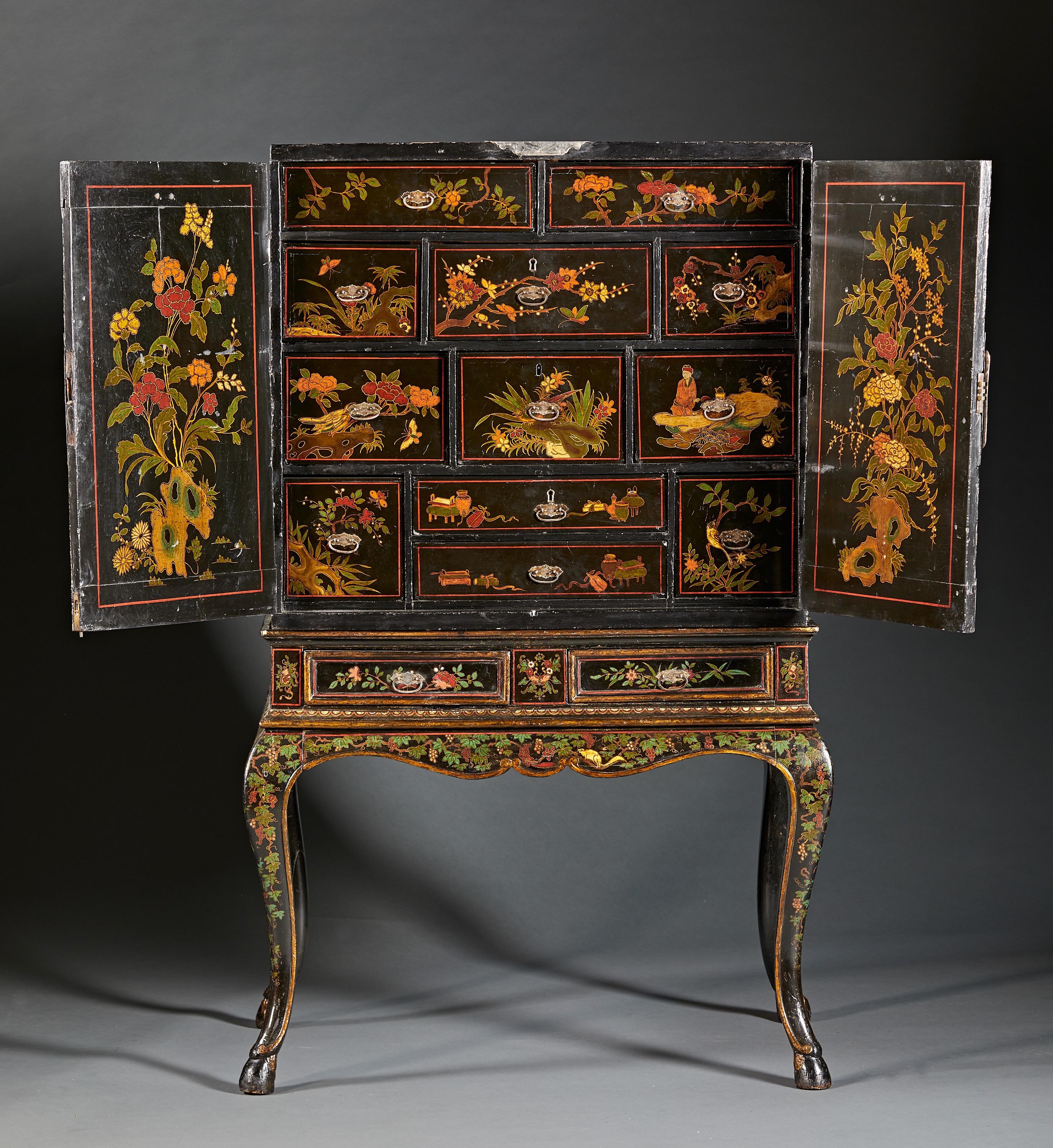 English Extraordinary Chinoiserie Decorated Lacquered Cabinet, Circa 1730, Engliand For Sale