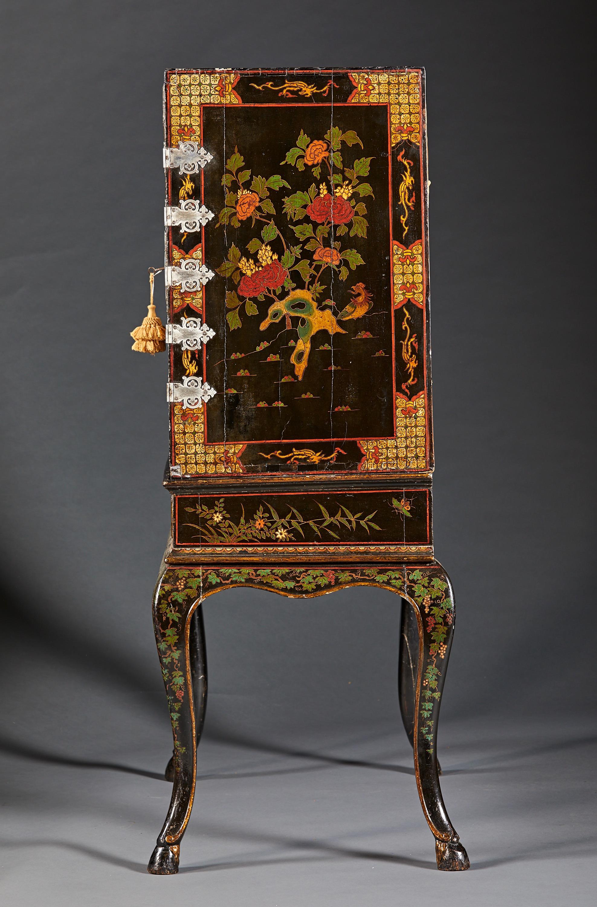Carved Extraordinary Chinoiserie Decorated Lacquered Cabinet, Circa 1730, Engliand For Sale