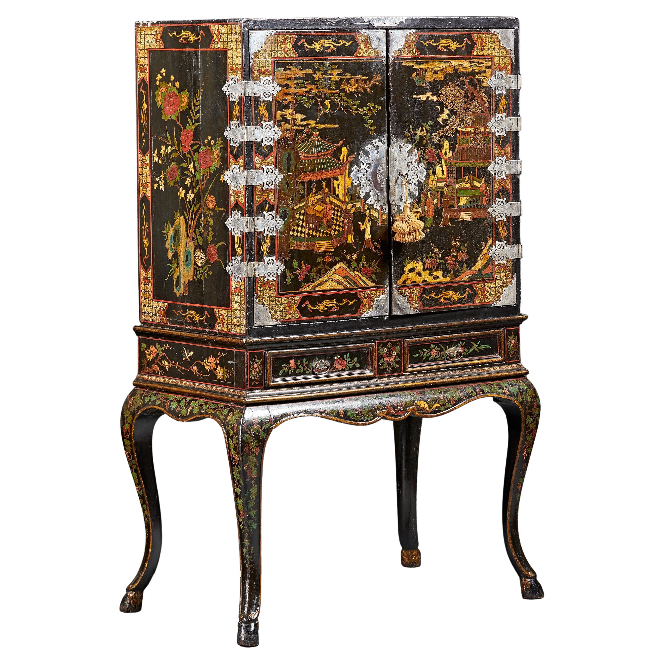 Extraordinary Chinoiserie Decorated Lacquered Cabinet, Circa 1730, Engliand