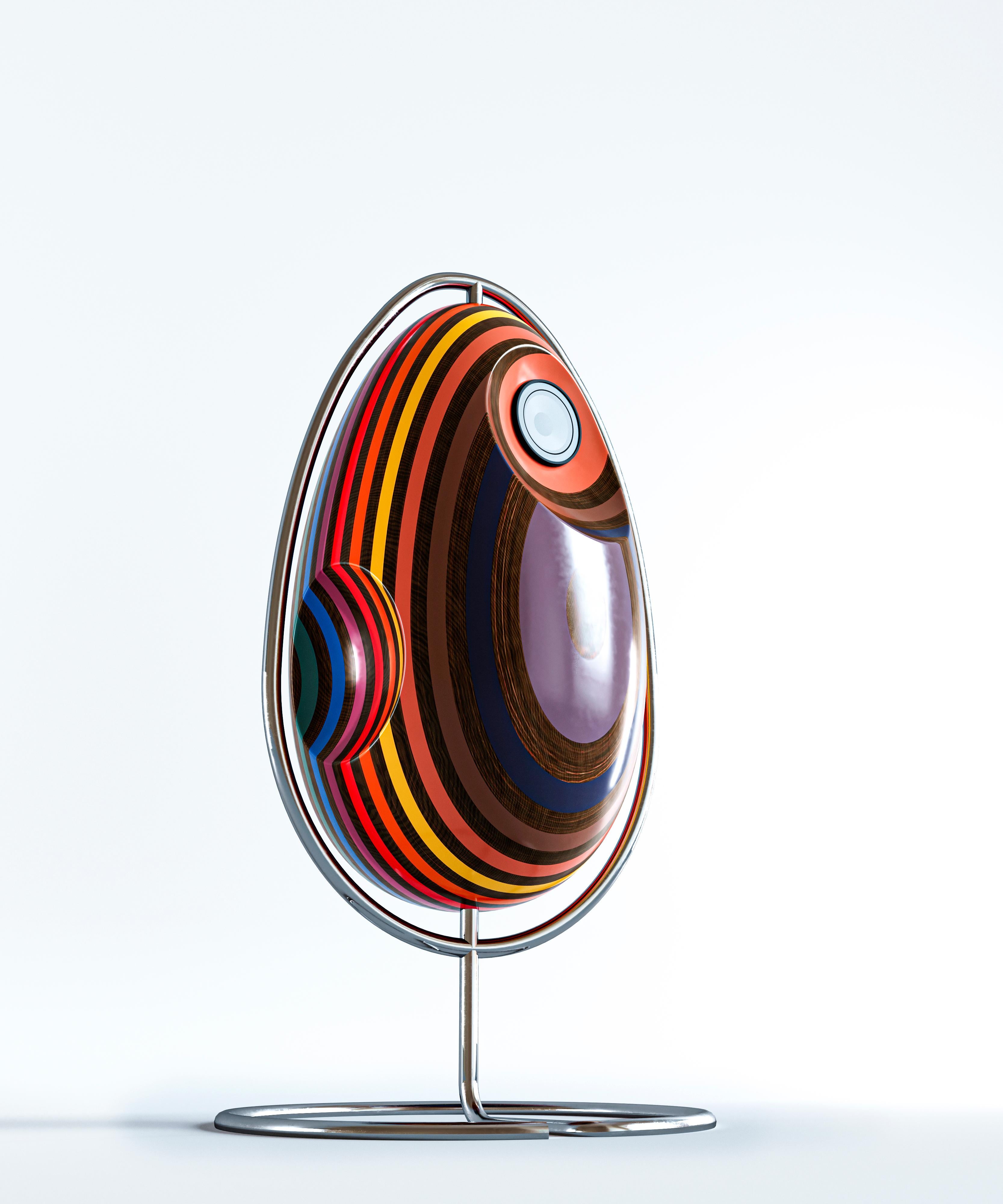 It is an extraordinary spherical cabinet that resembles an alien egg and a space object from a sci-fi movie of the early space exploration era. The futuristic nature of the item is emphasized by color juxtaposition and an interplay of the surface
