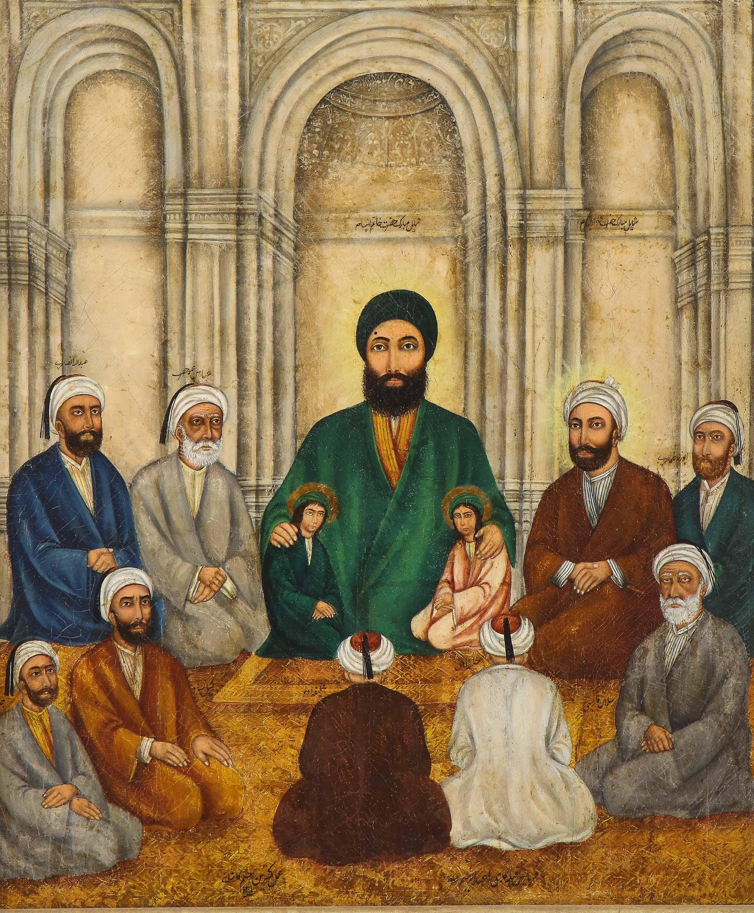 An extremely fine and rare Islamic Qajar dynasty portrait oil on canvas painting of Prophet Mohammad, signed and dated, 1883.

This rare, historic, Persian painting captures fine painted portraits of Prophet Mohammad, his son in law Ali, his two