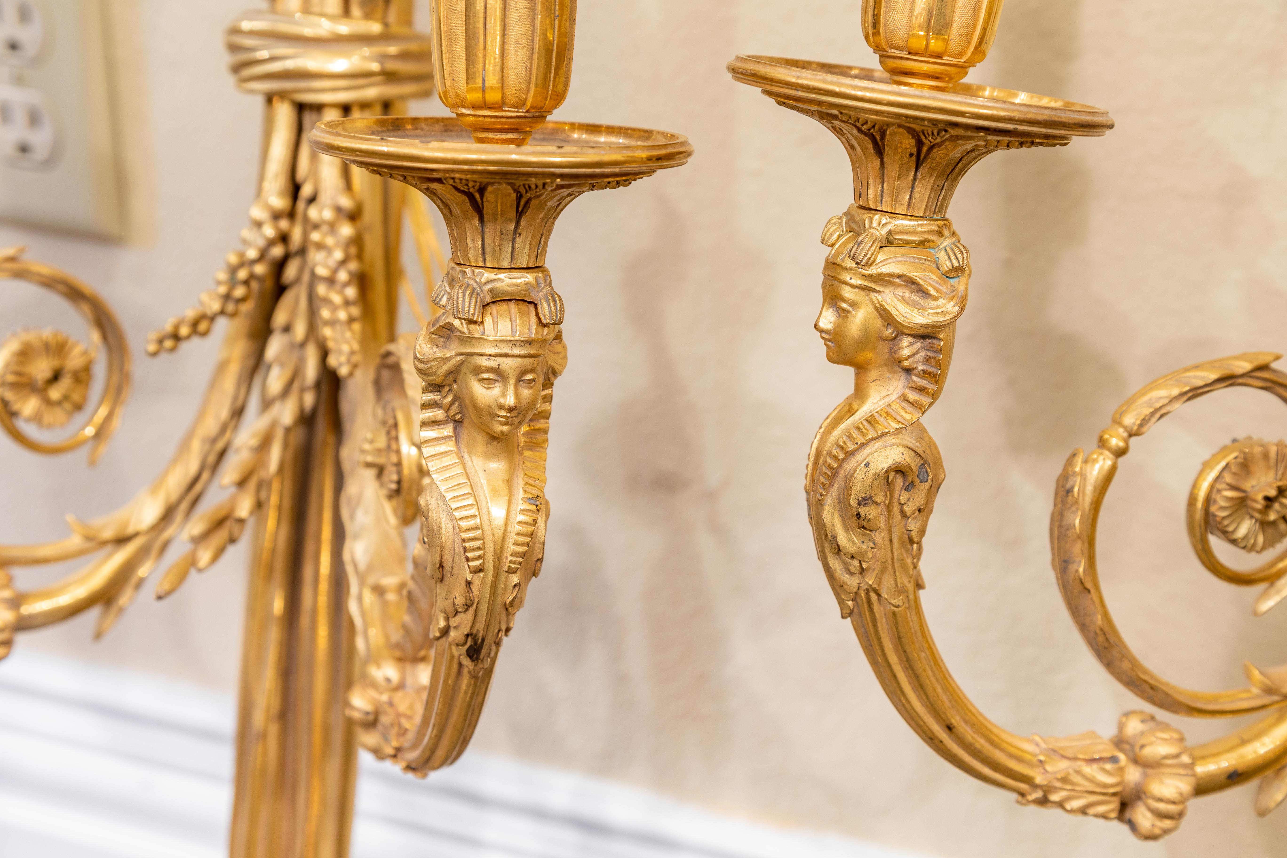 Extremely Fine Pair of Large 19th C French Empire Gilt Bronze Sconces In Good Condition For Sale In Dallas, TX