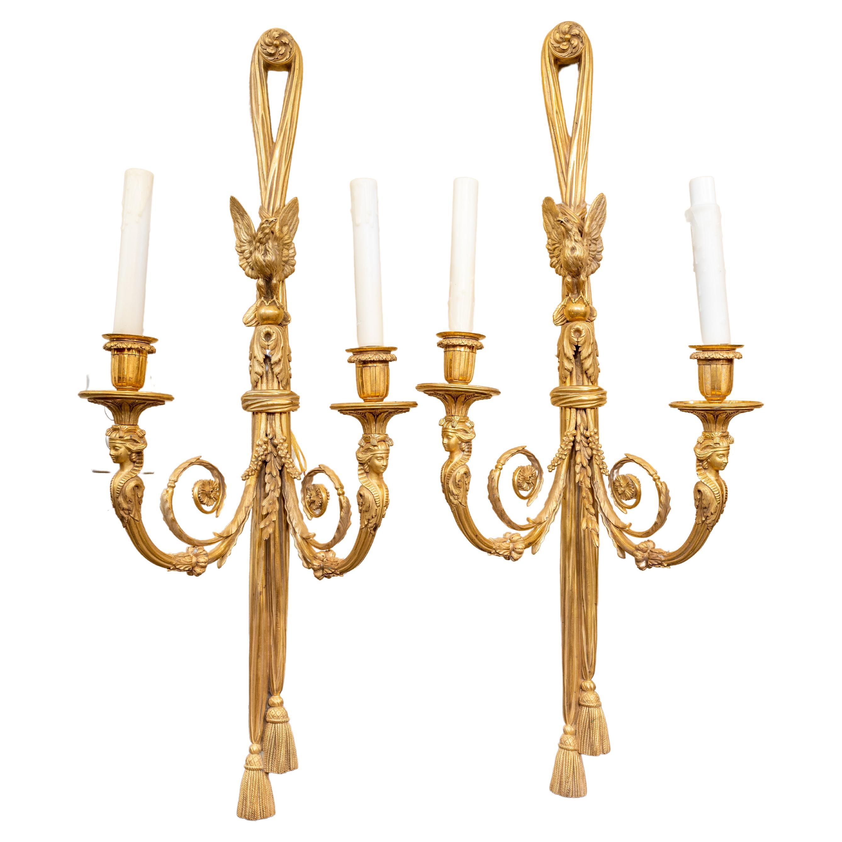 Extremely Fine Pair of Large 19th C French Empire Gilt Bronze Sconces For Sale