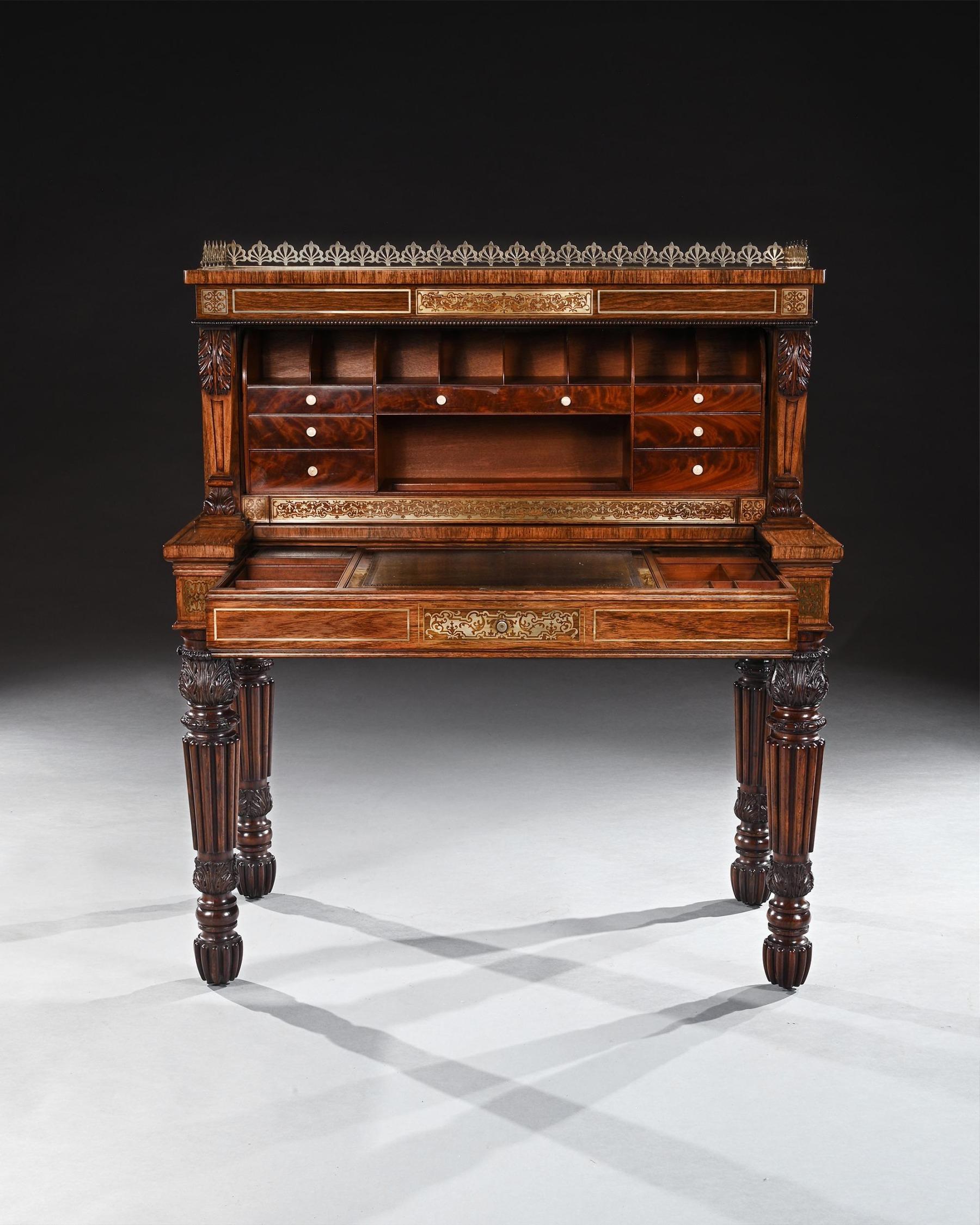 English An Extremely Fine Rosewood and Brass Inlaid Writing Table Attributed To Gillows For Sale