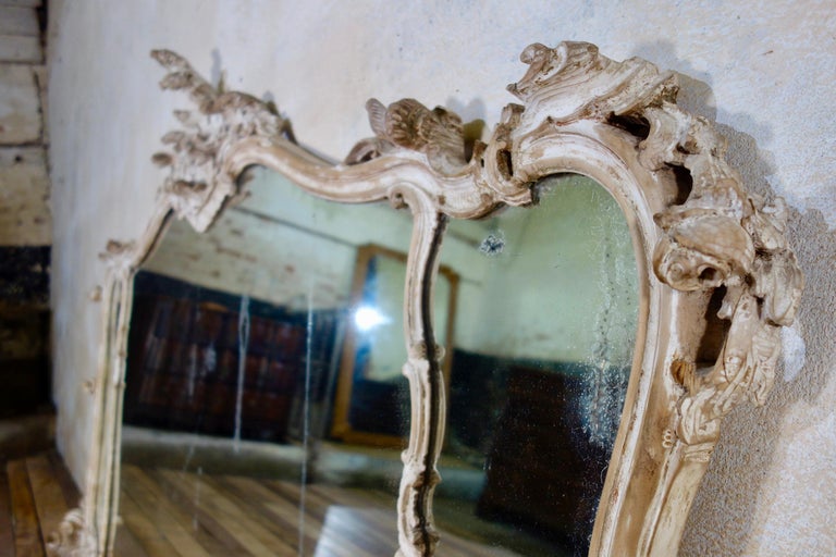 Extremely Large 19th Cent French Rococo Overmantel Wall Mirror Painted Carved For Sale 10