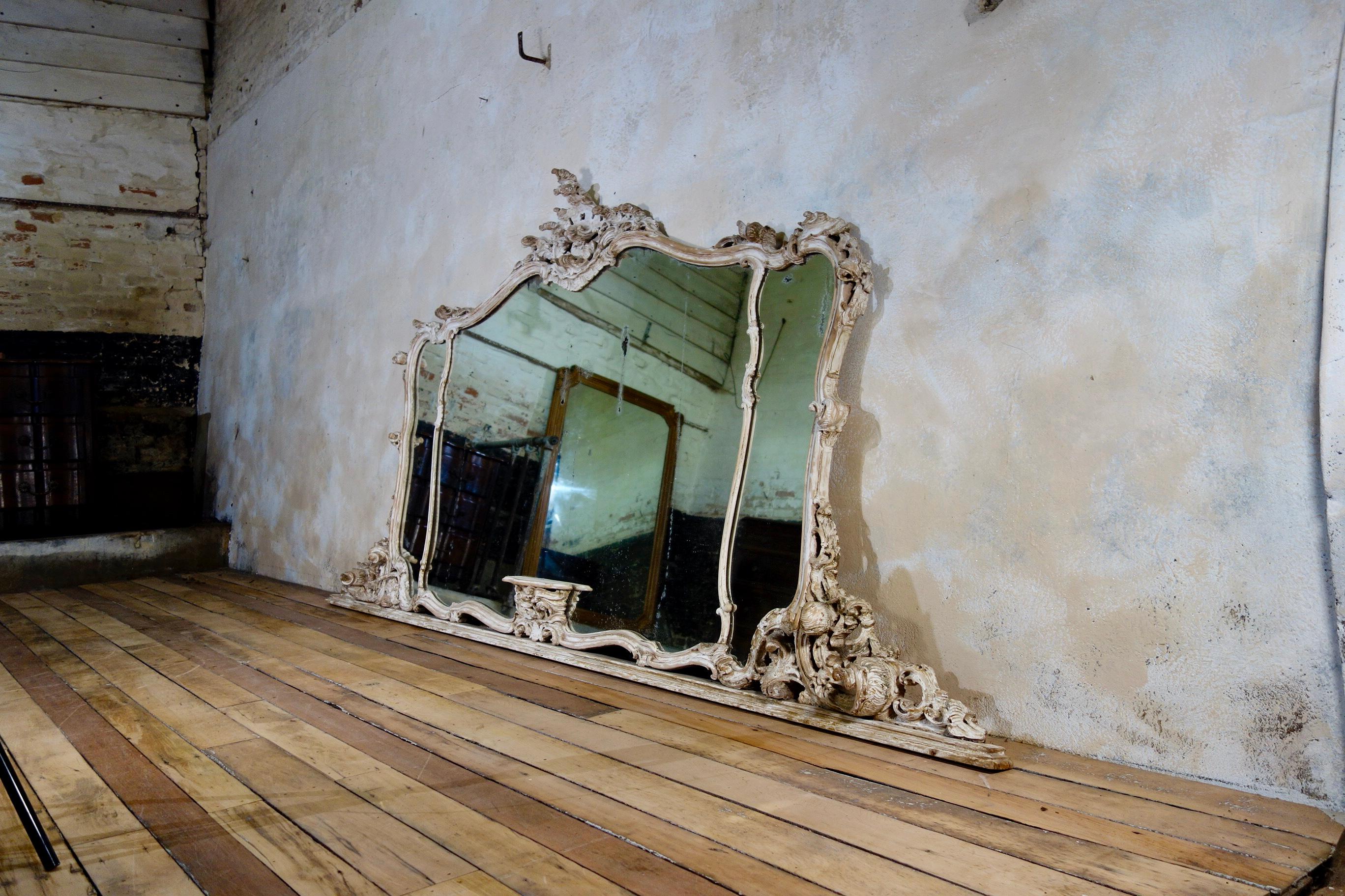 Hand-Carved Extremely Large 19th Cent French Rococo Overmantel Wall Mirror Painted  For Sale
